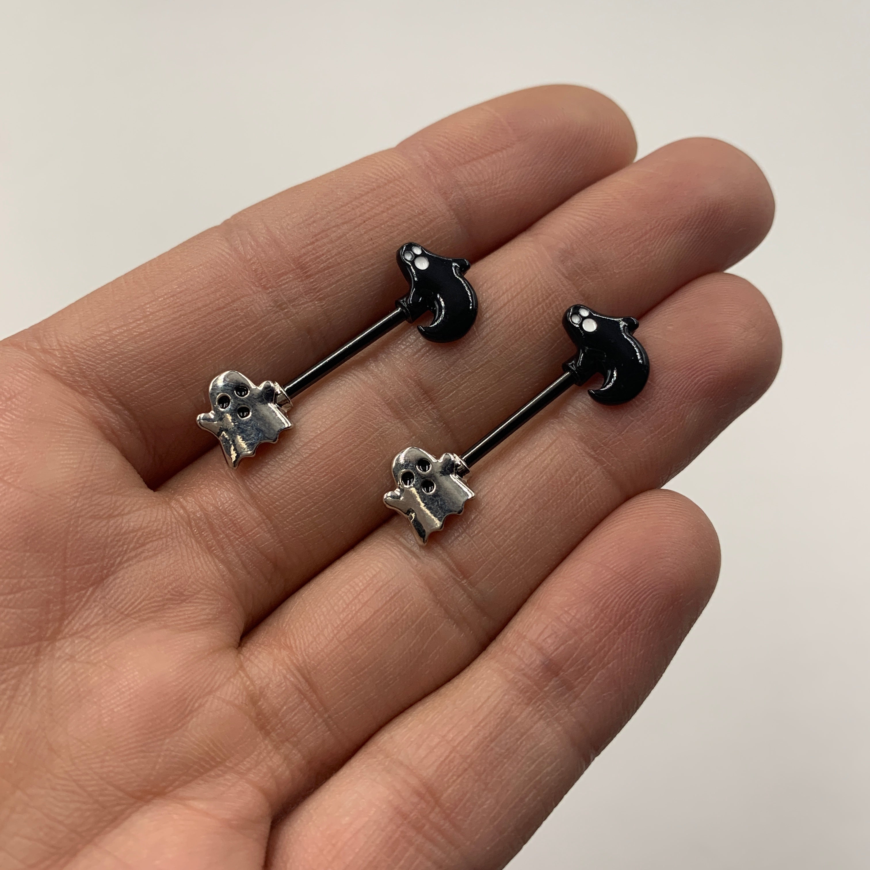 14G 9/16 Black PVD Black Ghost Halloween Nipple Ring Set