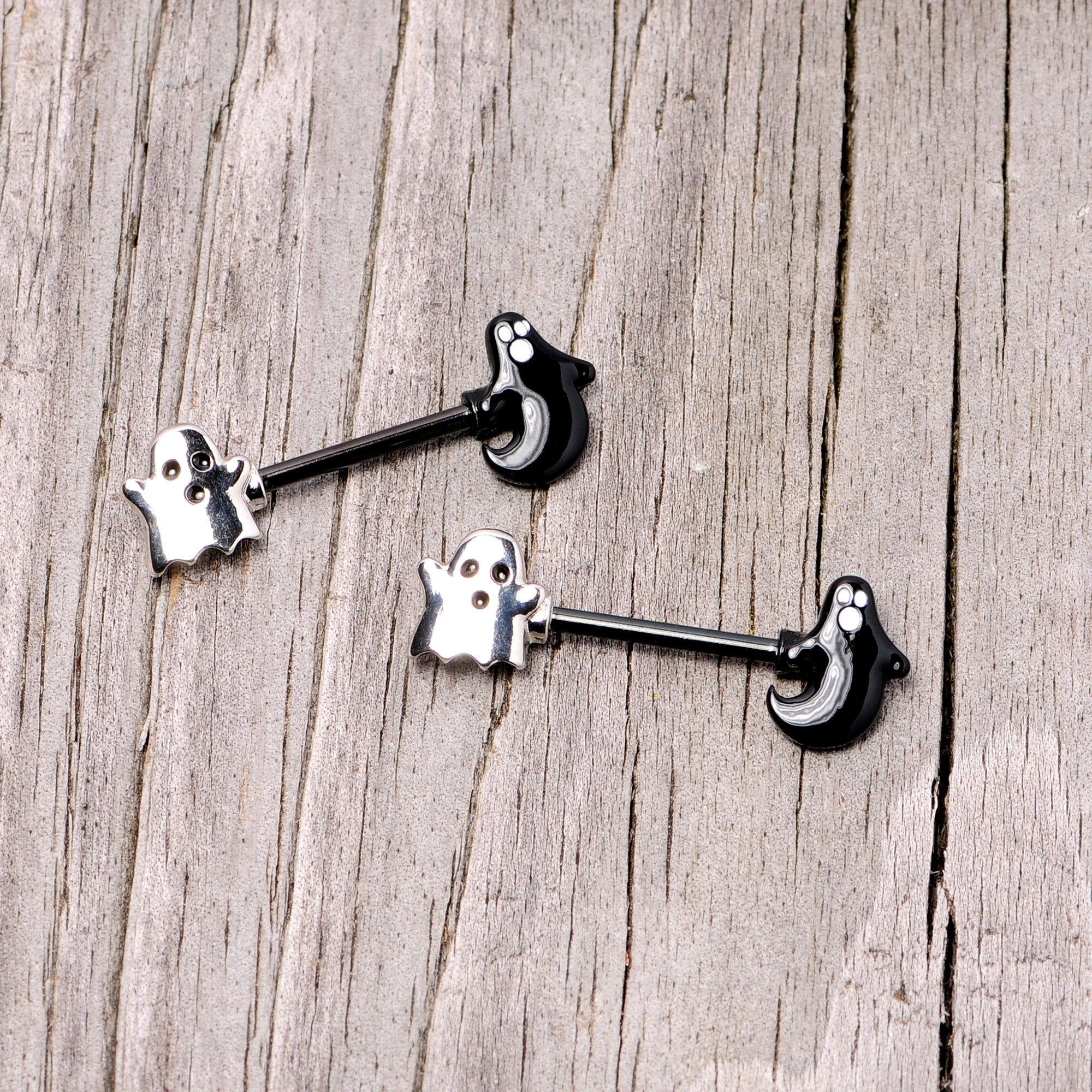 14G 9/16 Black PVD Black Ghost Halloween Nipple Ring Set