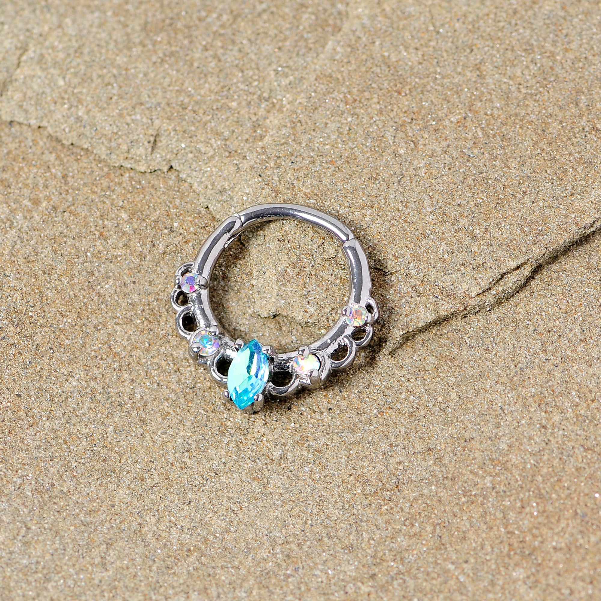 16G 3/8 Aurora Aqua CZ Gem Lacy Septum Clicker