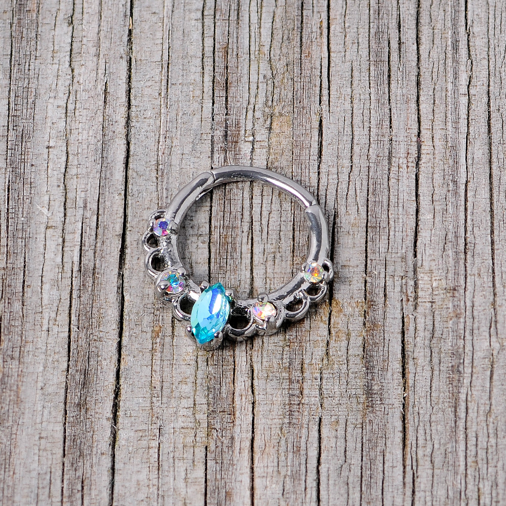 16G 3/8 Aurora Aqua CZ Gem Lacy Septum Clicker