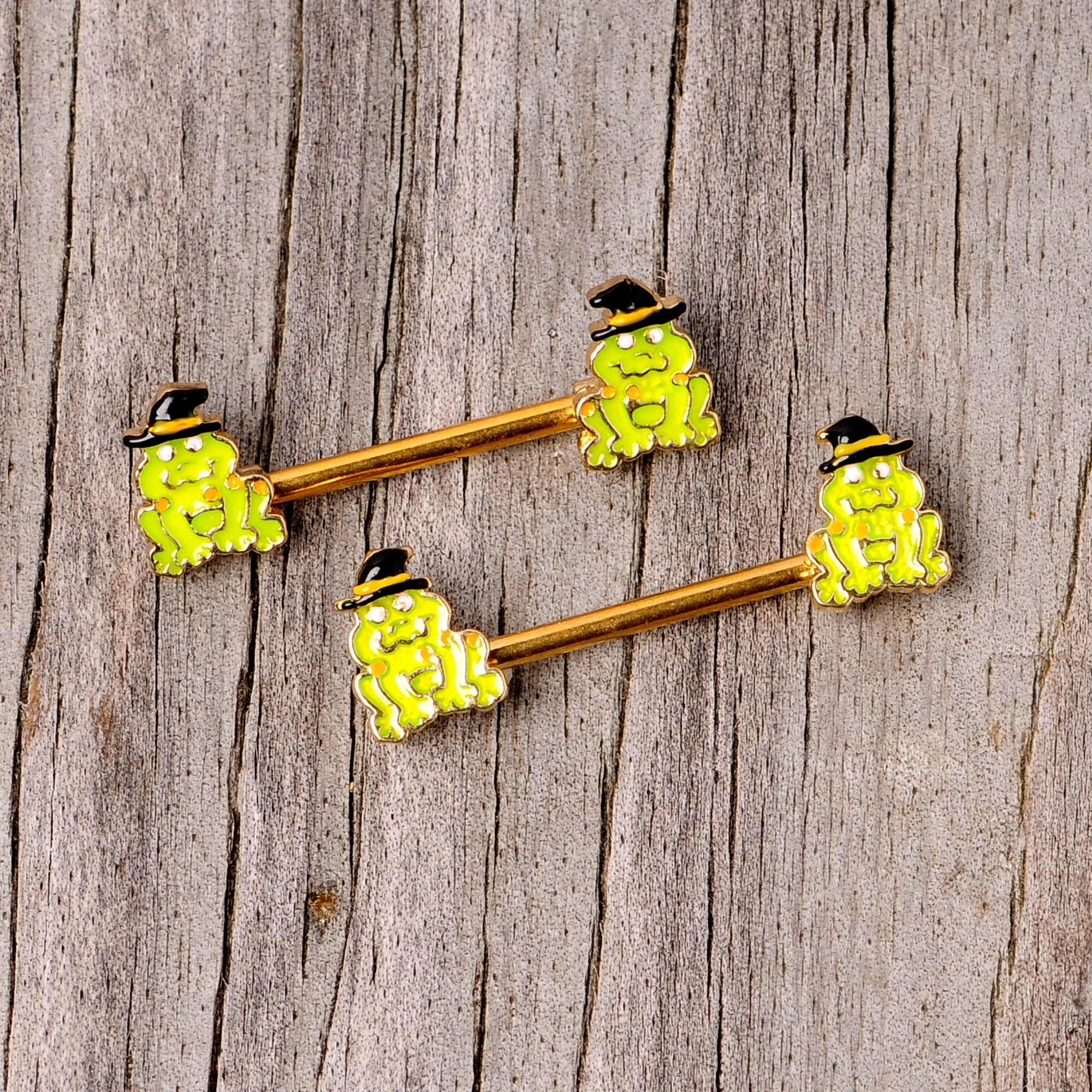 14G 9/16 Gold Tone Frog Witch Halloween Barbell Nipple Ring Set