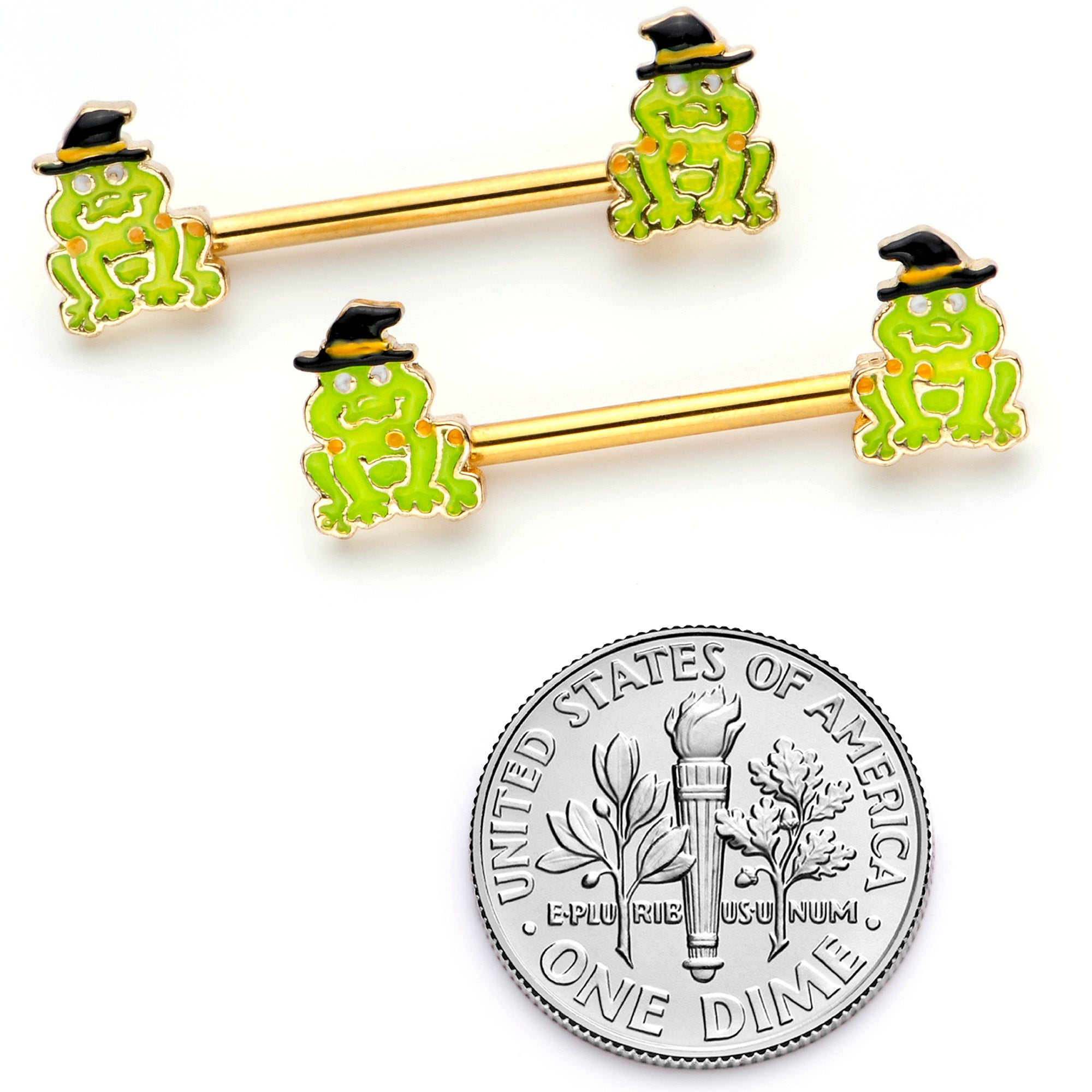 14G 9/16 Gold Tone Frog Witch Halloween Barbell Nipple Ring Set