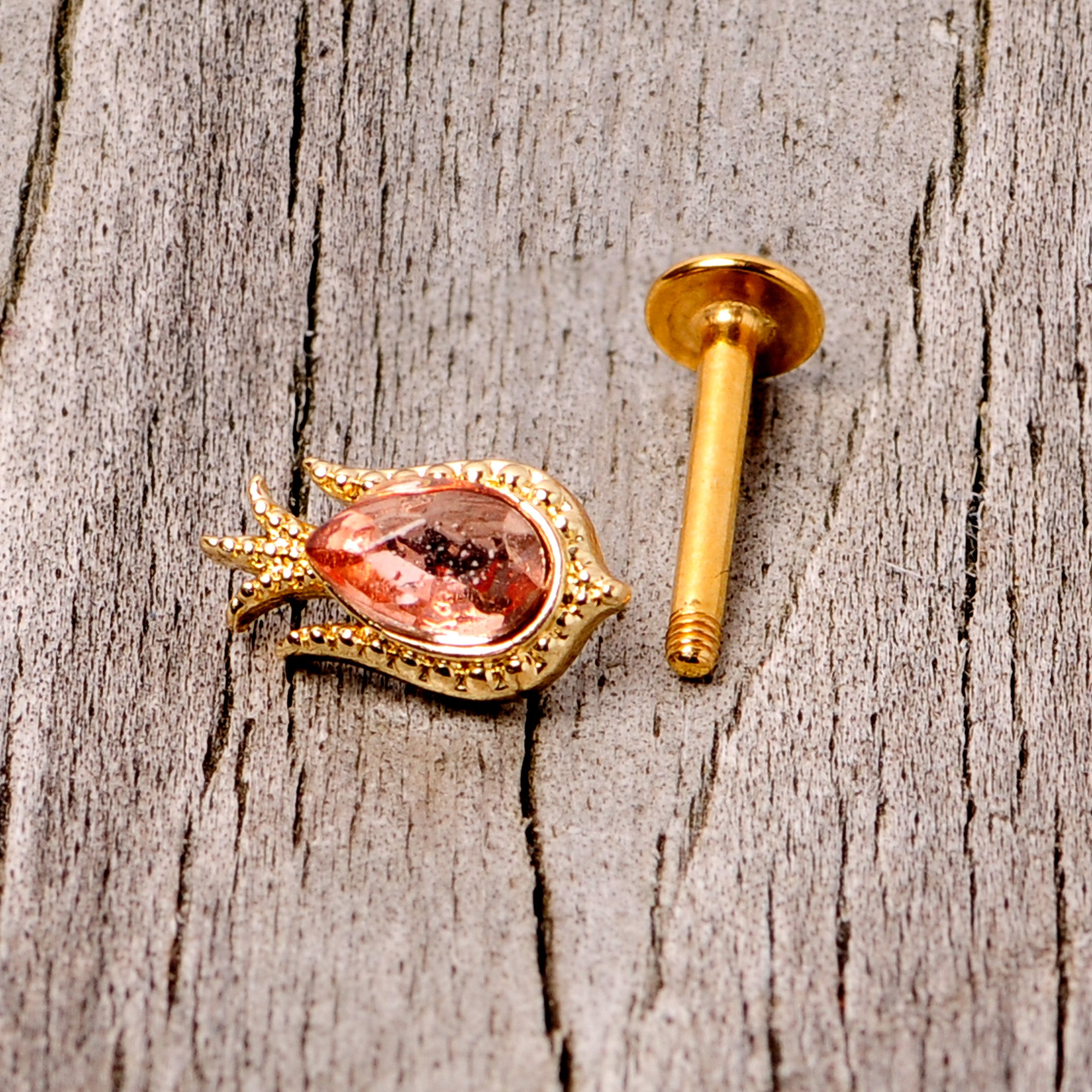 16G 5/16 Pink Gem Gold Tone Tulip Flower Labret Monroe Tragus