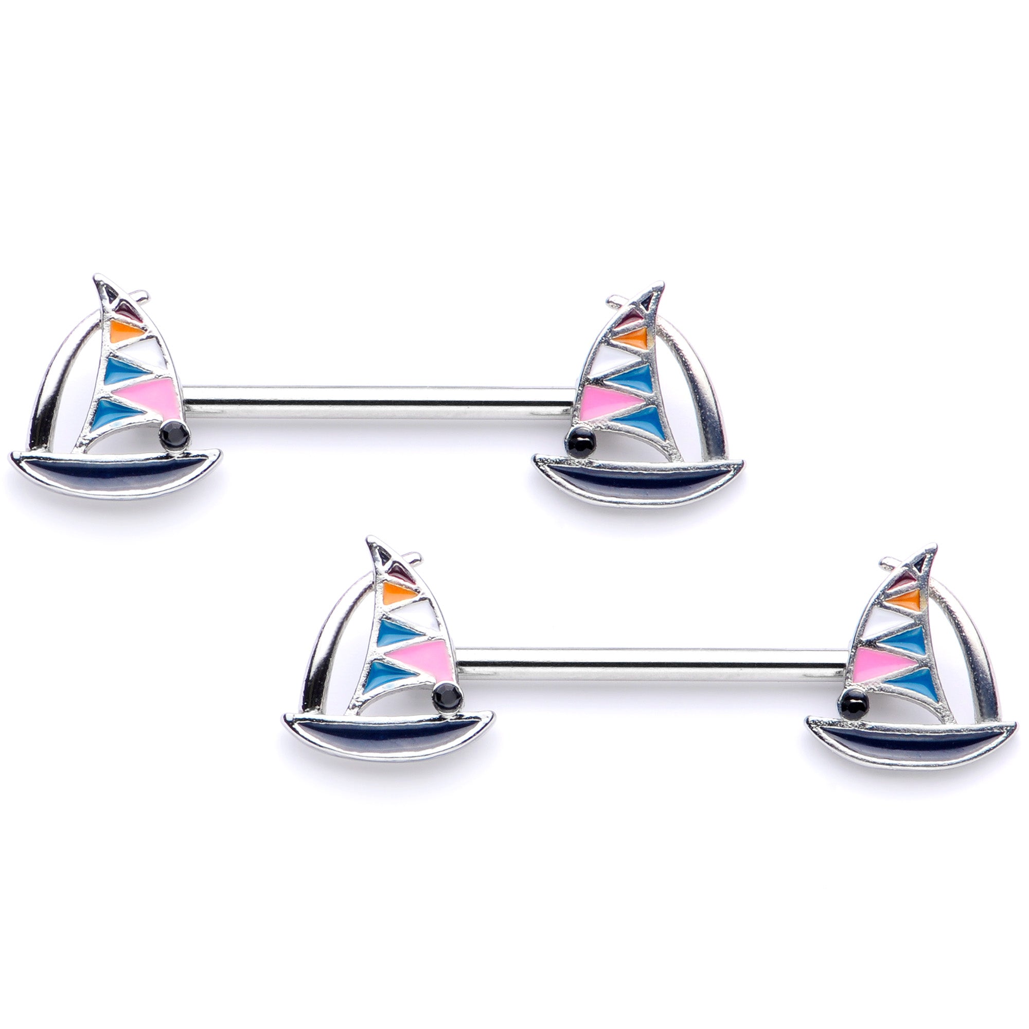 14G 9/16 Black Gem Teal Nautical Sailboat Barbell Nipple Ring Set