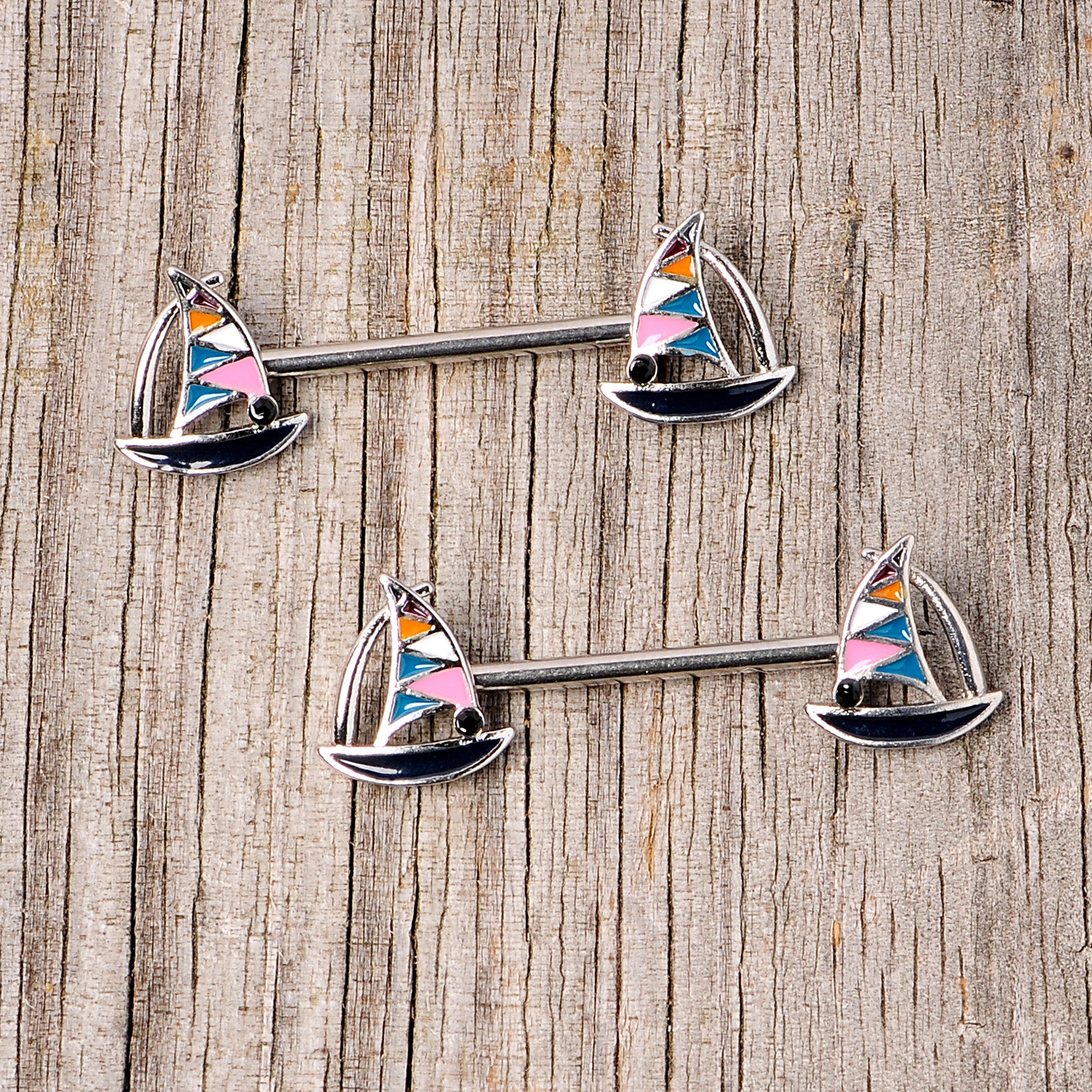 14G 9/16 Black Gem Teal Nautical Sailboat Barbell Nipple Ring Set