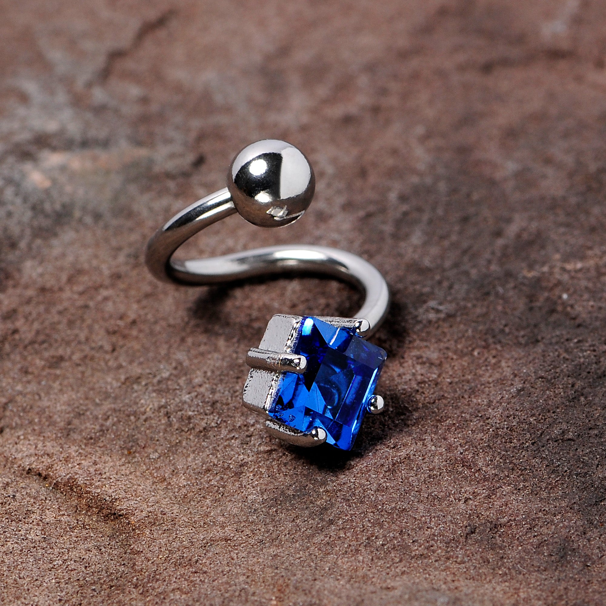 14G 3/8 Blue Gem Refined Rhombus Spiral Twister Belly Ring