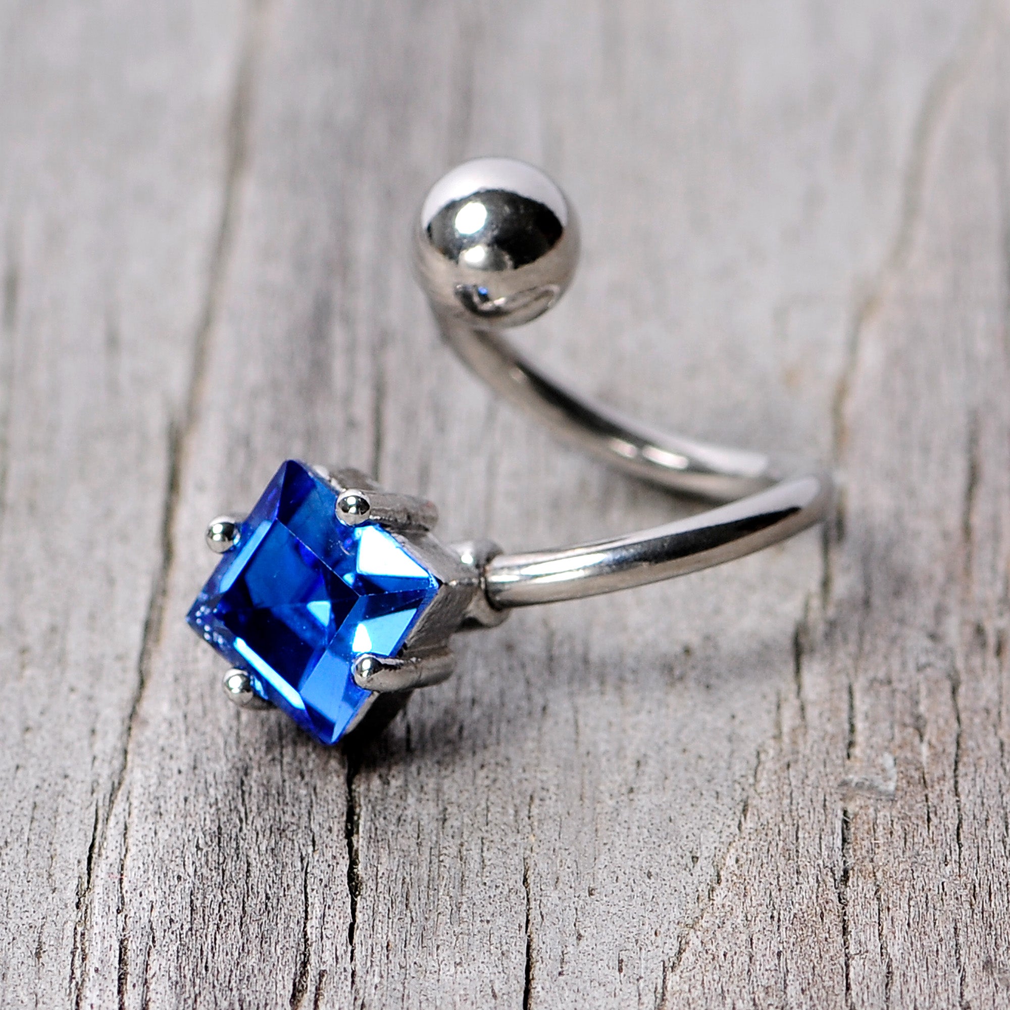 14G 3/8 Blue Gem Refined Rhombus Spiral Twister Belly Ring