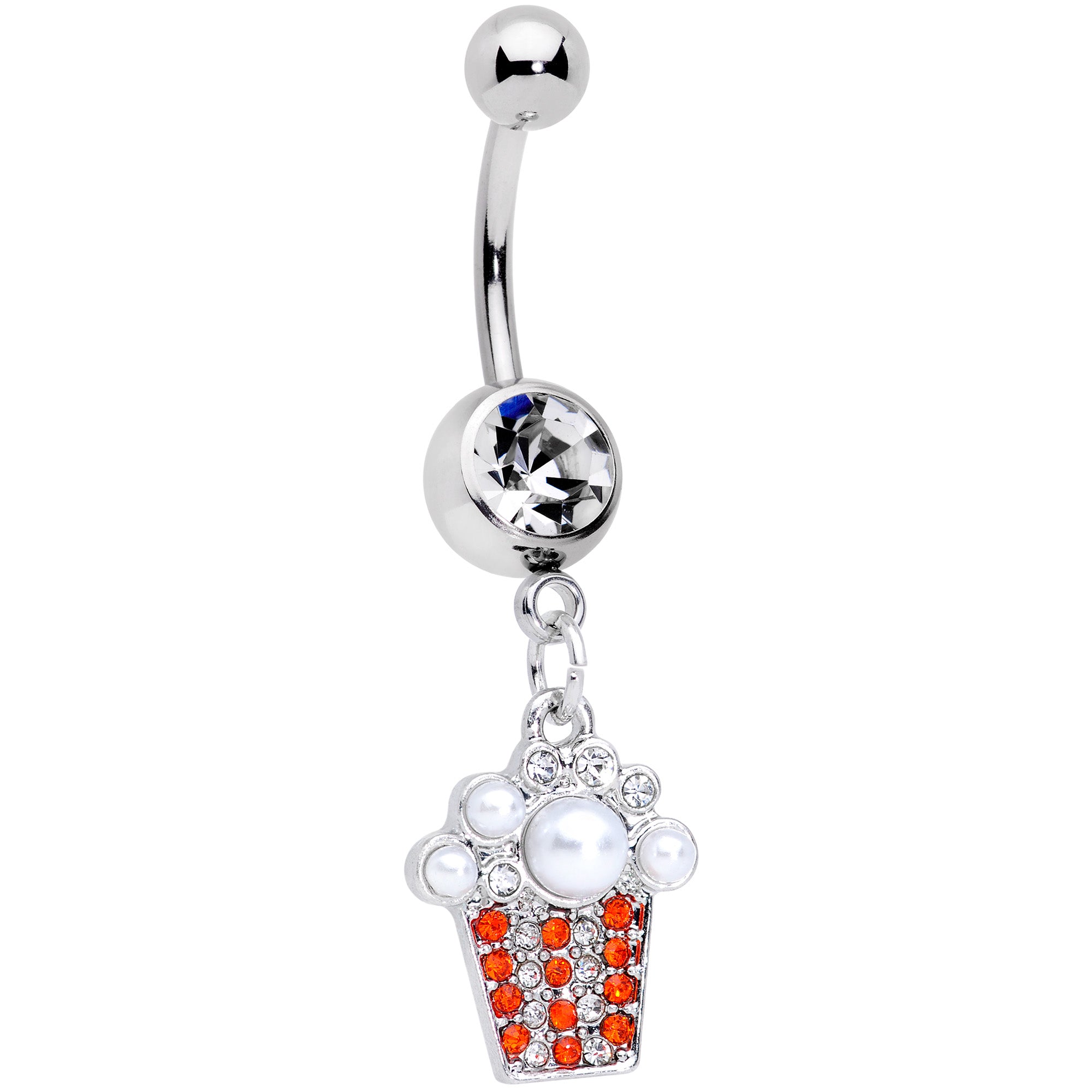 Clear Red Gem White Orb Movie Night Popcorn Dangle Belly Ring