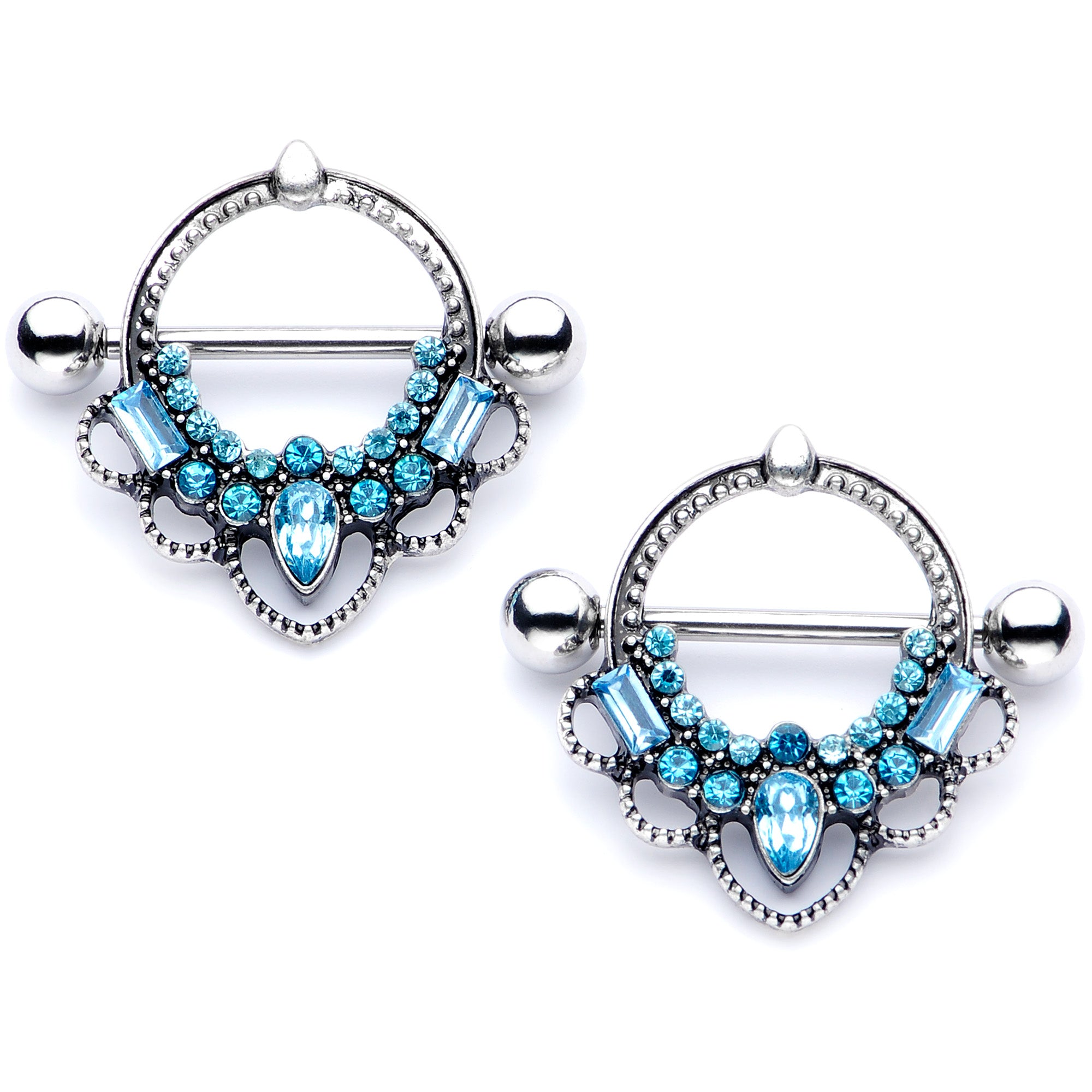 14G 5/8 Aqua Gem Filigree Nipple Shield Set