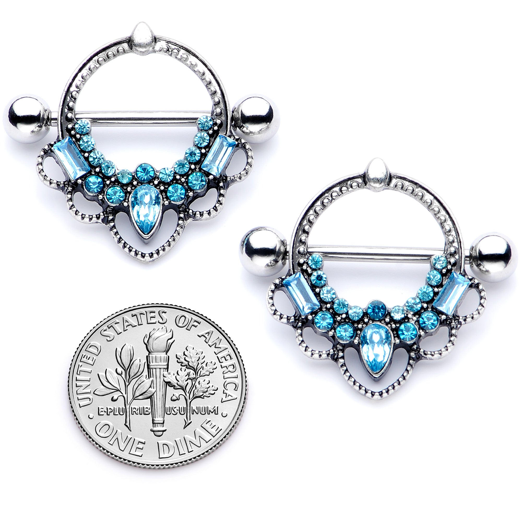 14G 5/8 Aqua Gem Filigree Nipple Shield Set