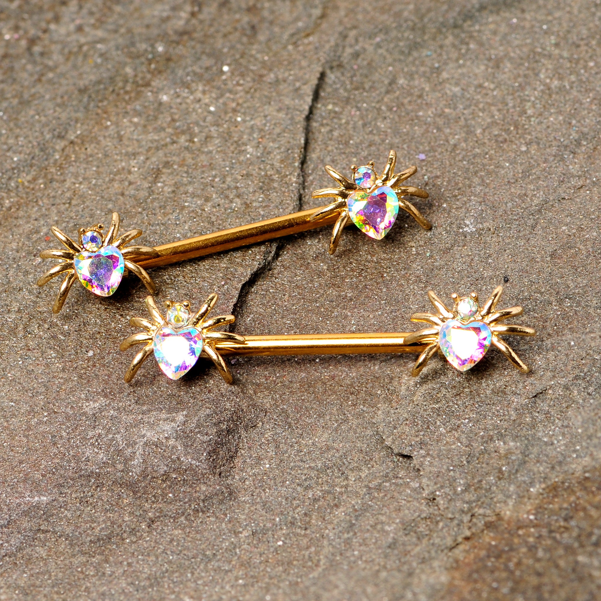 14G 9/16 Aurora Gem Gold Tone Heart Spider Barbell Nipple Ring Set
