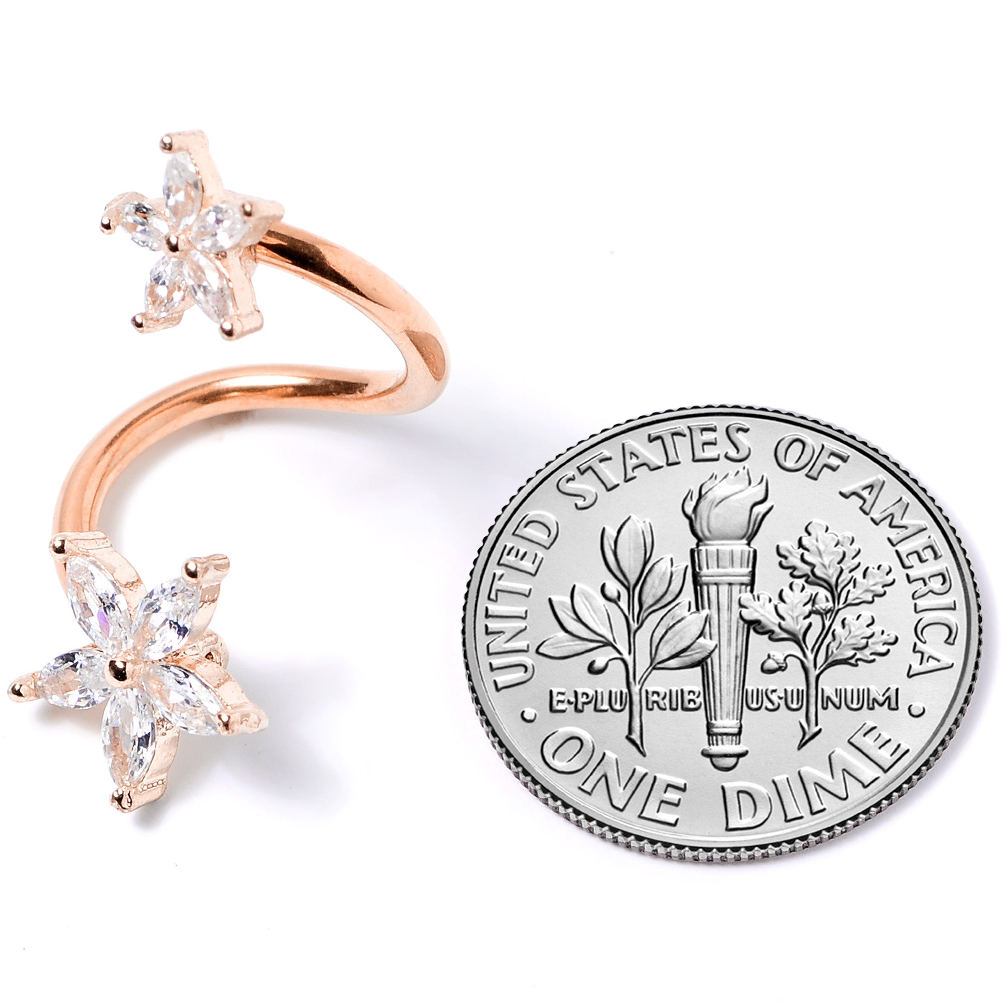 14G Clear Gem Rose Gold Hue Star Flower Spiral Twister Belly Ring