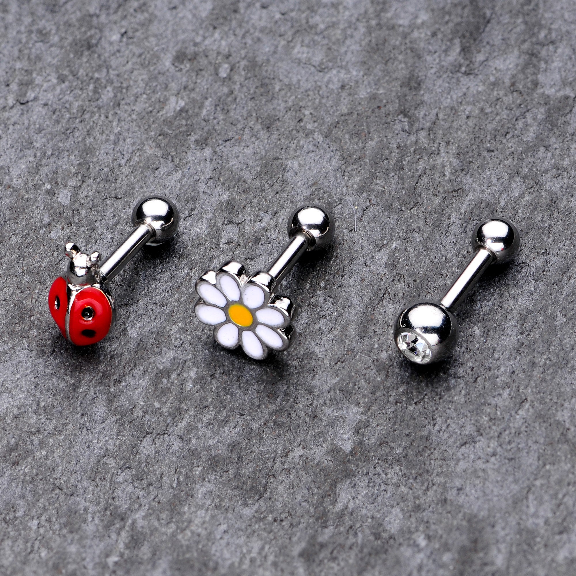 16G 1/4 Clear Gem Ladybug Cartilage Tragus Curation Set of 3