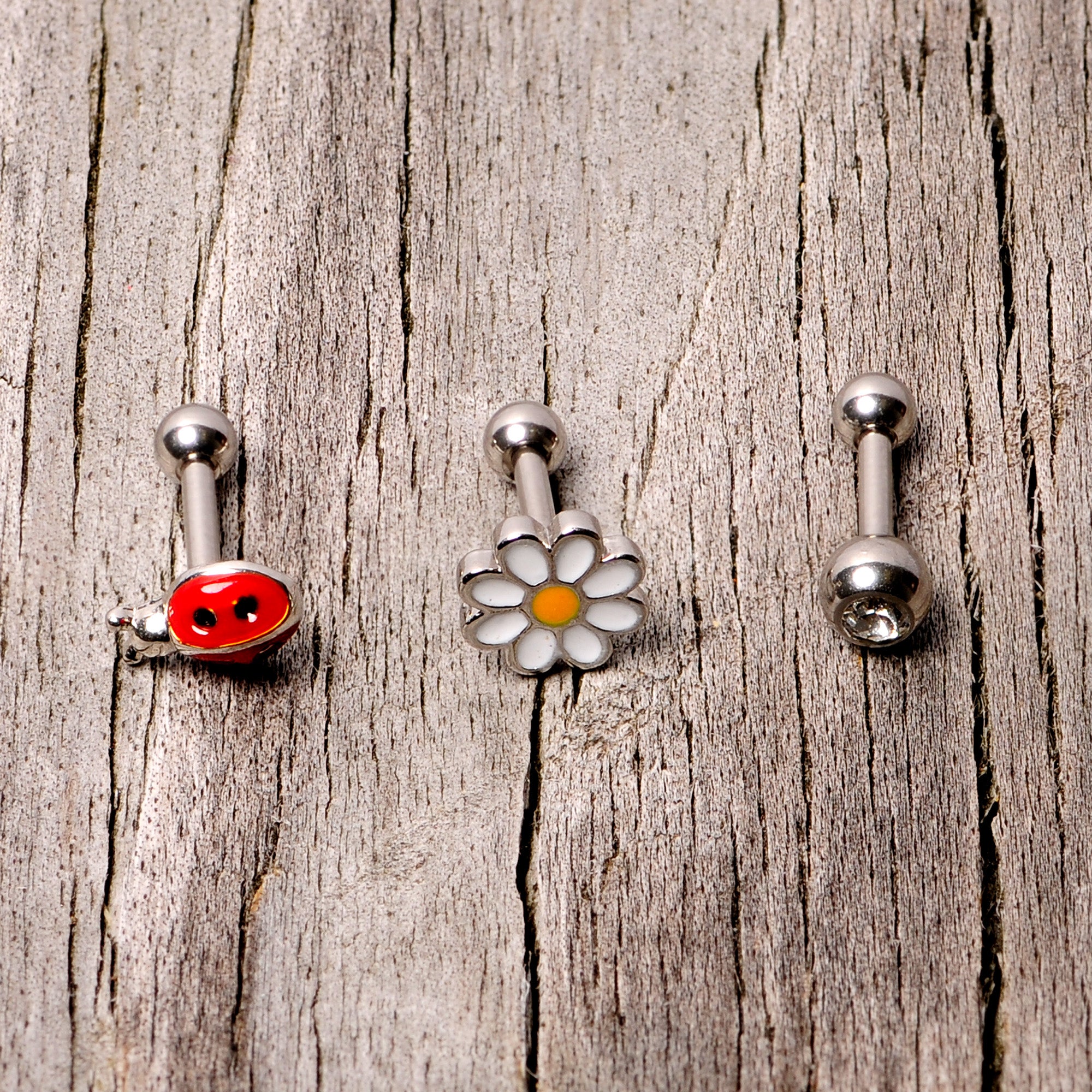 16G 1/4 Clear Gem Ladybug Cartilage Tragus Curation Set of 3