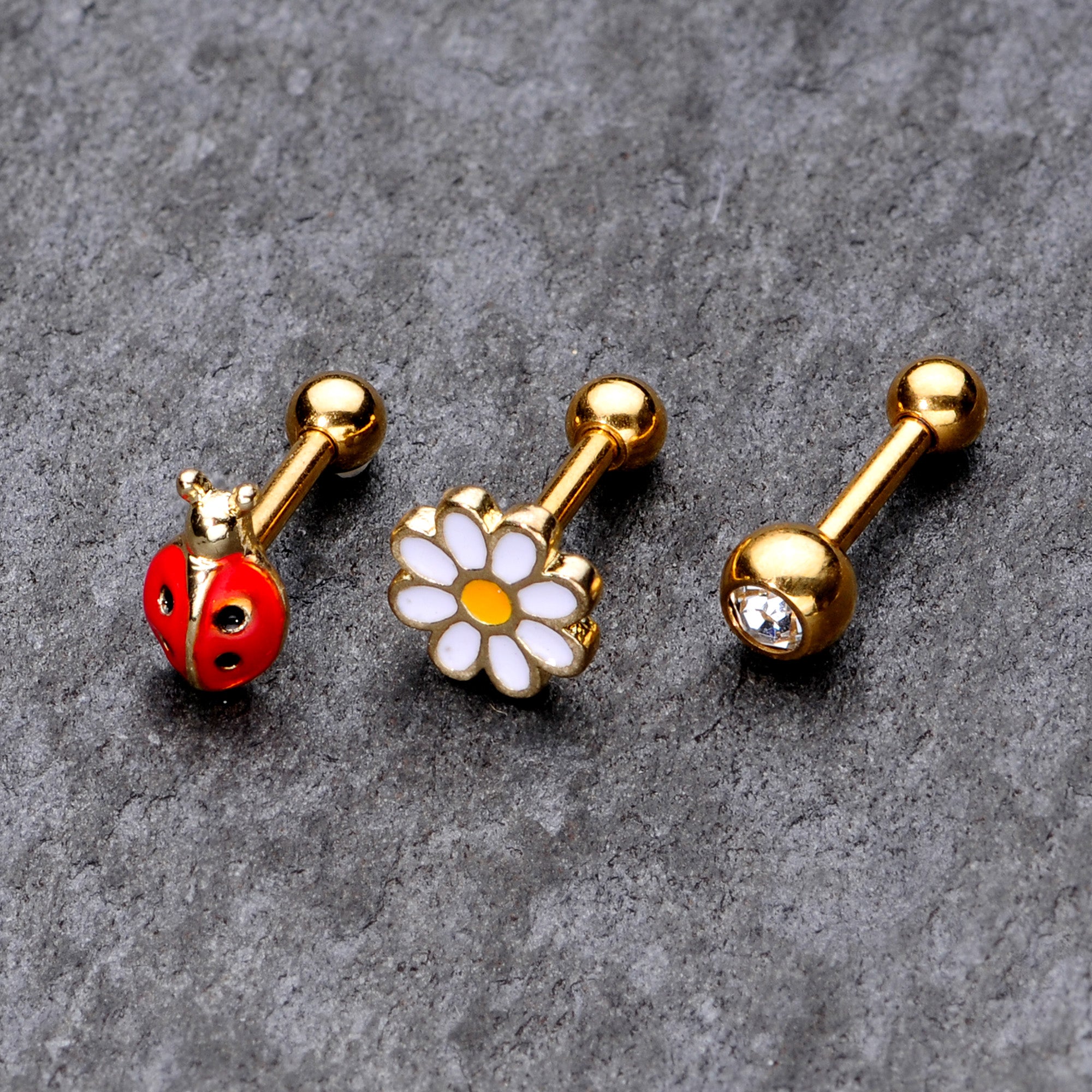 16G 1/4 Clear Gem Gold Tone Ladybug Cartilage Tragus Set of 3
