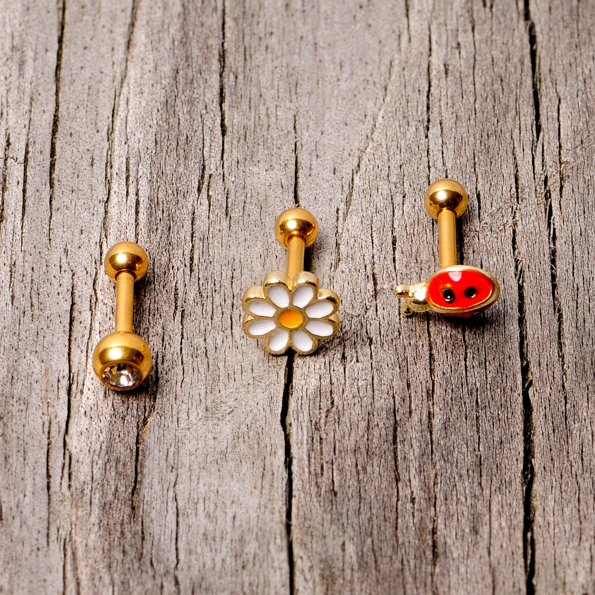 16G 1/4 Clear Gem Gold Tone Ladybug Cartilage Tragus Set of 3