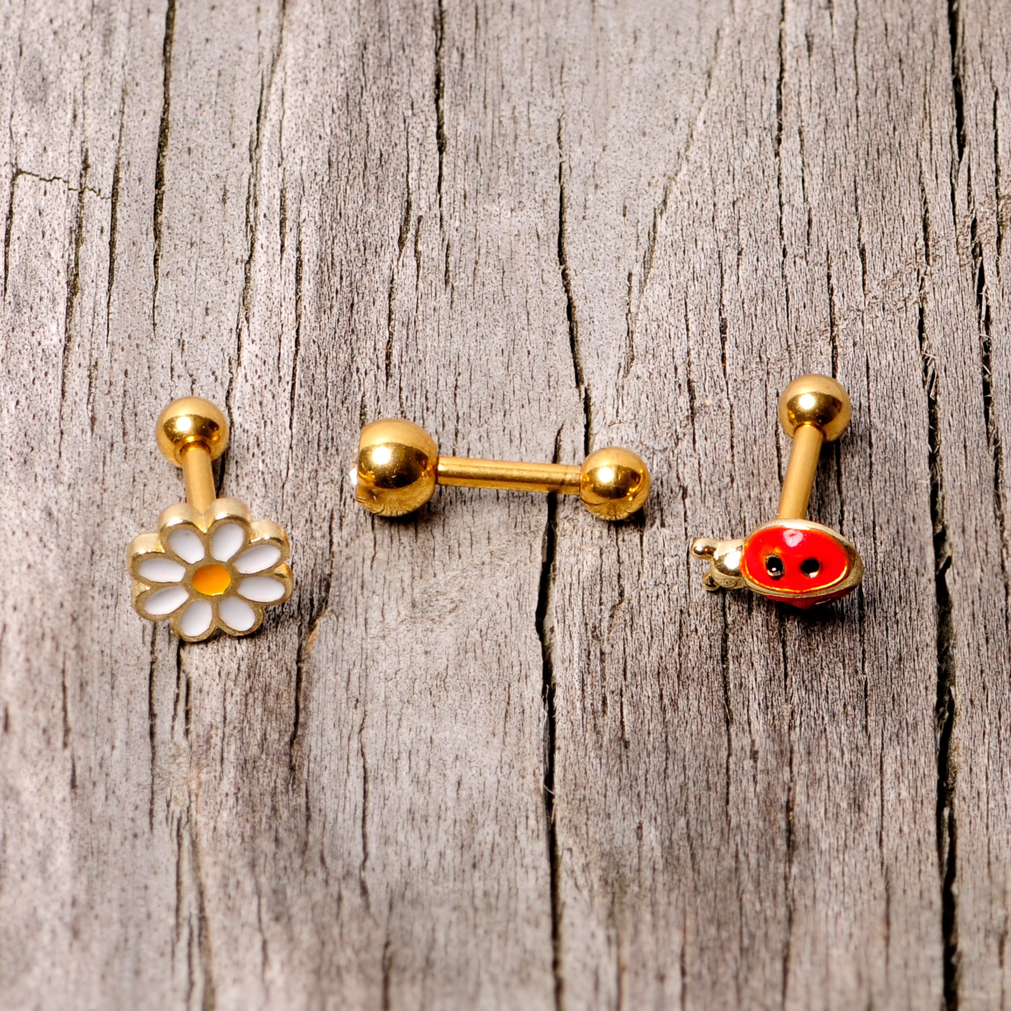 16G 1/4 Clear Gem Gold Tone Ladybug Cartilage Tragus Set of 3