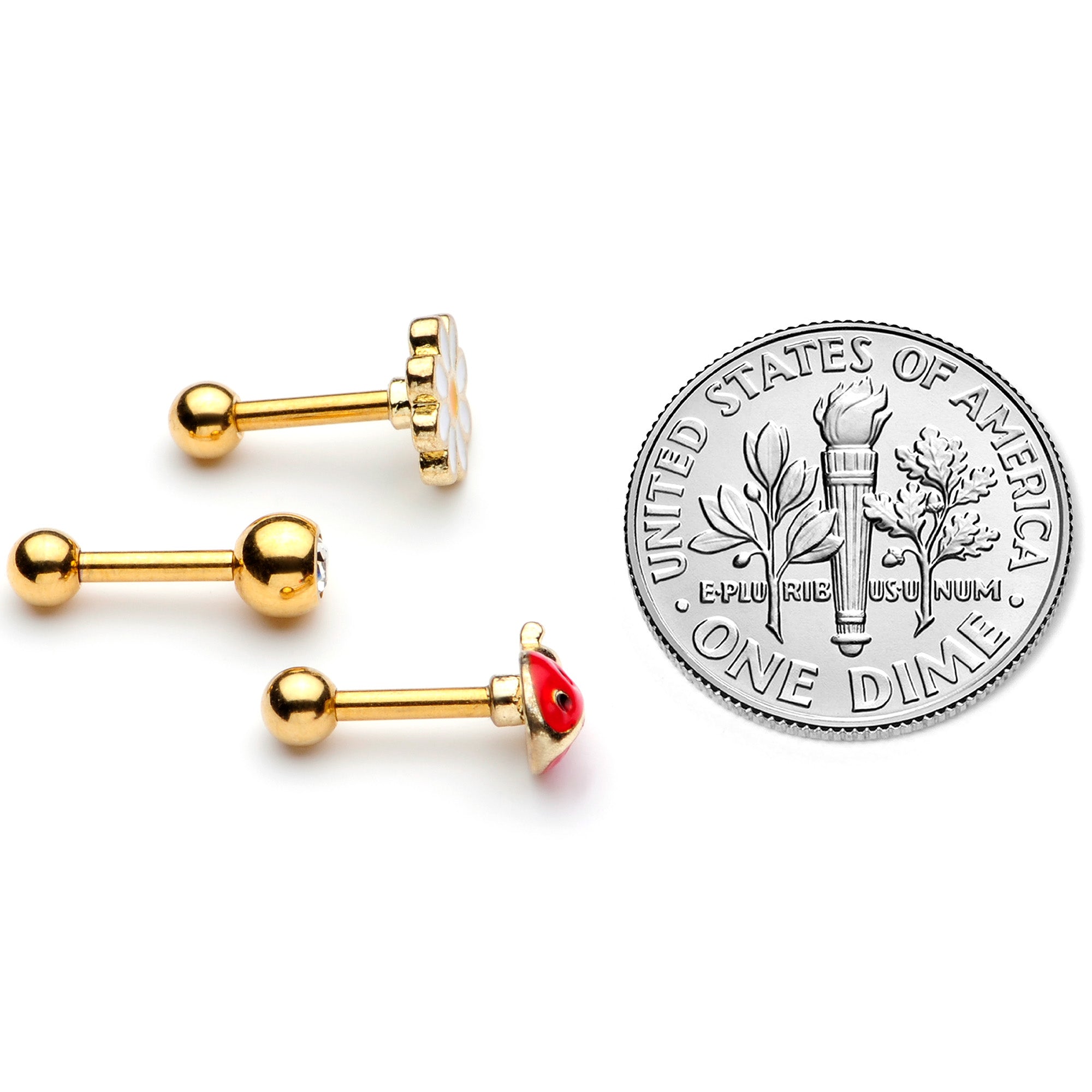 16G 1/4 Clear Gem Gold Tone Ladybug Cartilage Tragus Set of 3