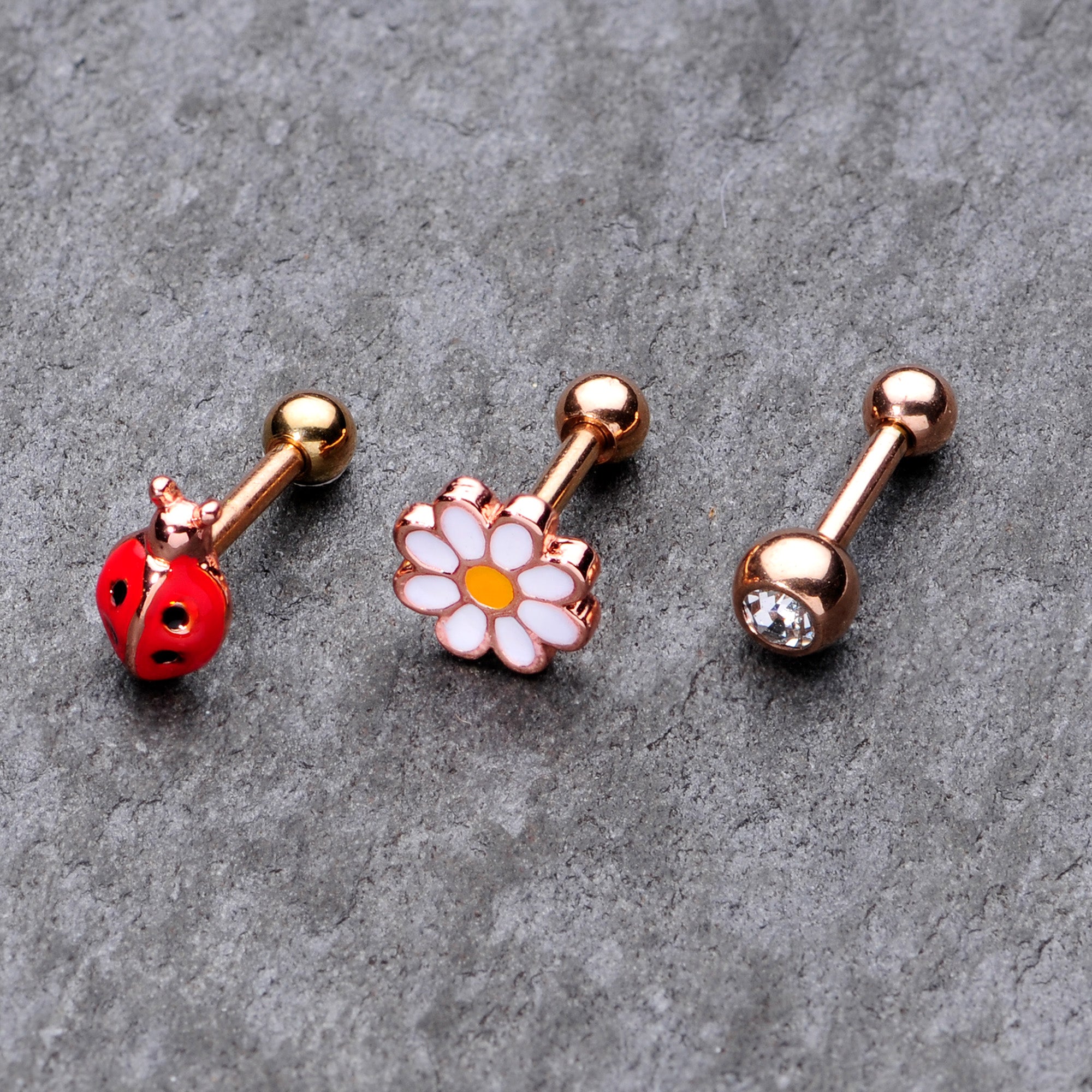 16G 1/4 Clear Gem Rose Gold Hue Ladybug Cartilage Tragus Set of 3