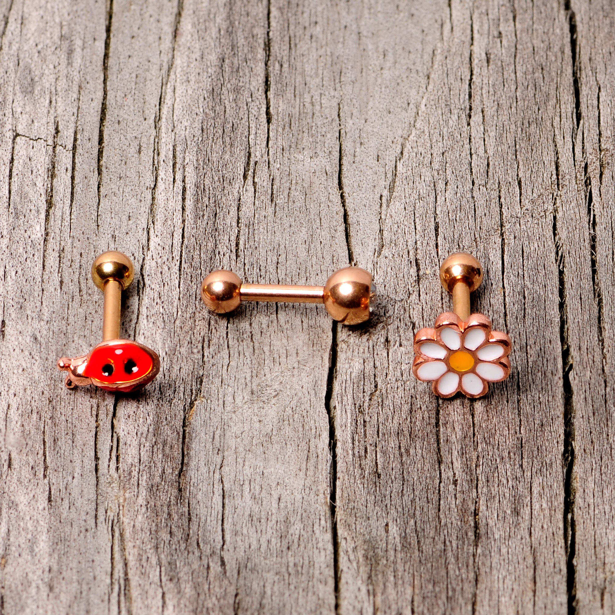 16G 1/4 Clear Gem Rose Gold Hue Ladybug Cartilage Tragus Set of 3