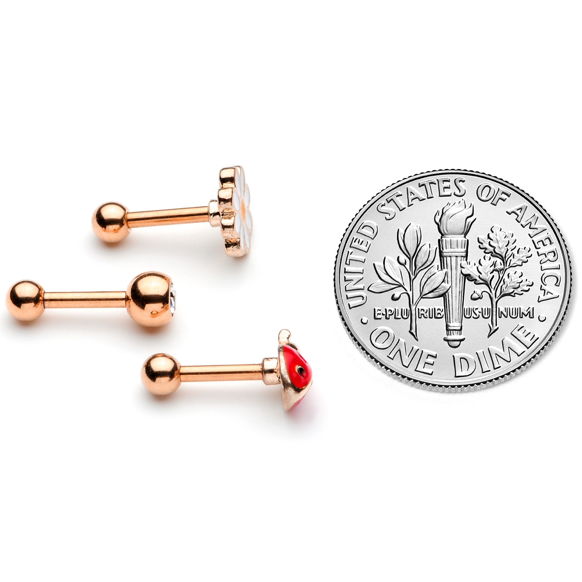 16G 1/4 Clear Gem Rose Gold Hue Ladybug Cartilage Tragus Set of 3