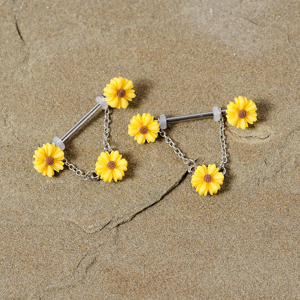 14 Gauge 5/8 Yellow Sunflowers Dangle Nipple Ring Set BodyCandy
