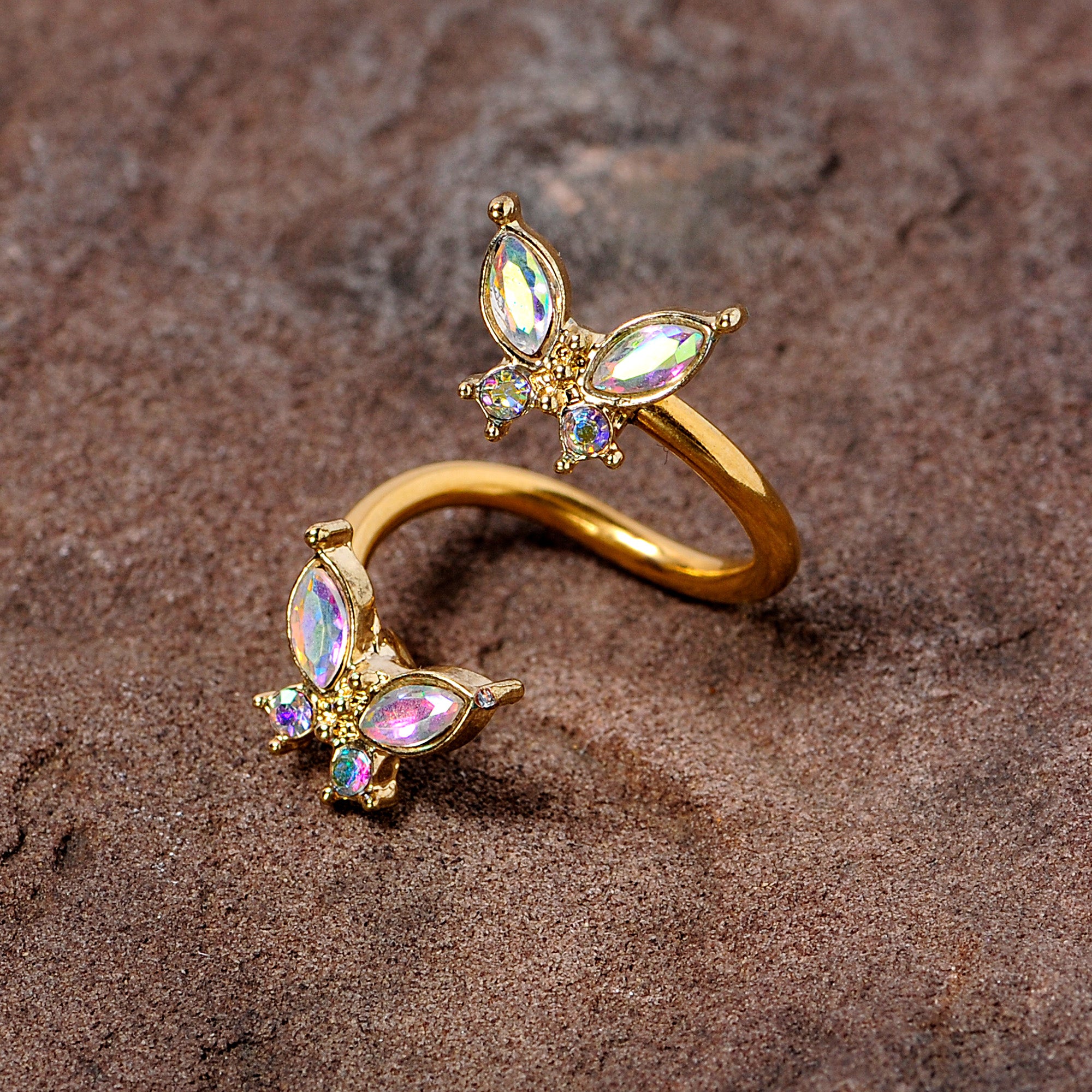 14G 3/8 Aurora Gem Gold Tone Butterfly Spiral Twister Belly Ring