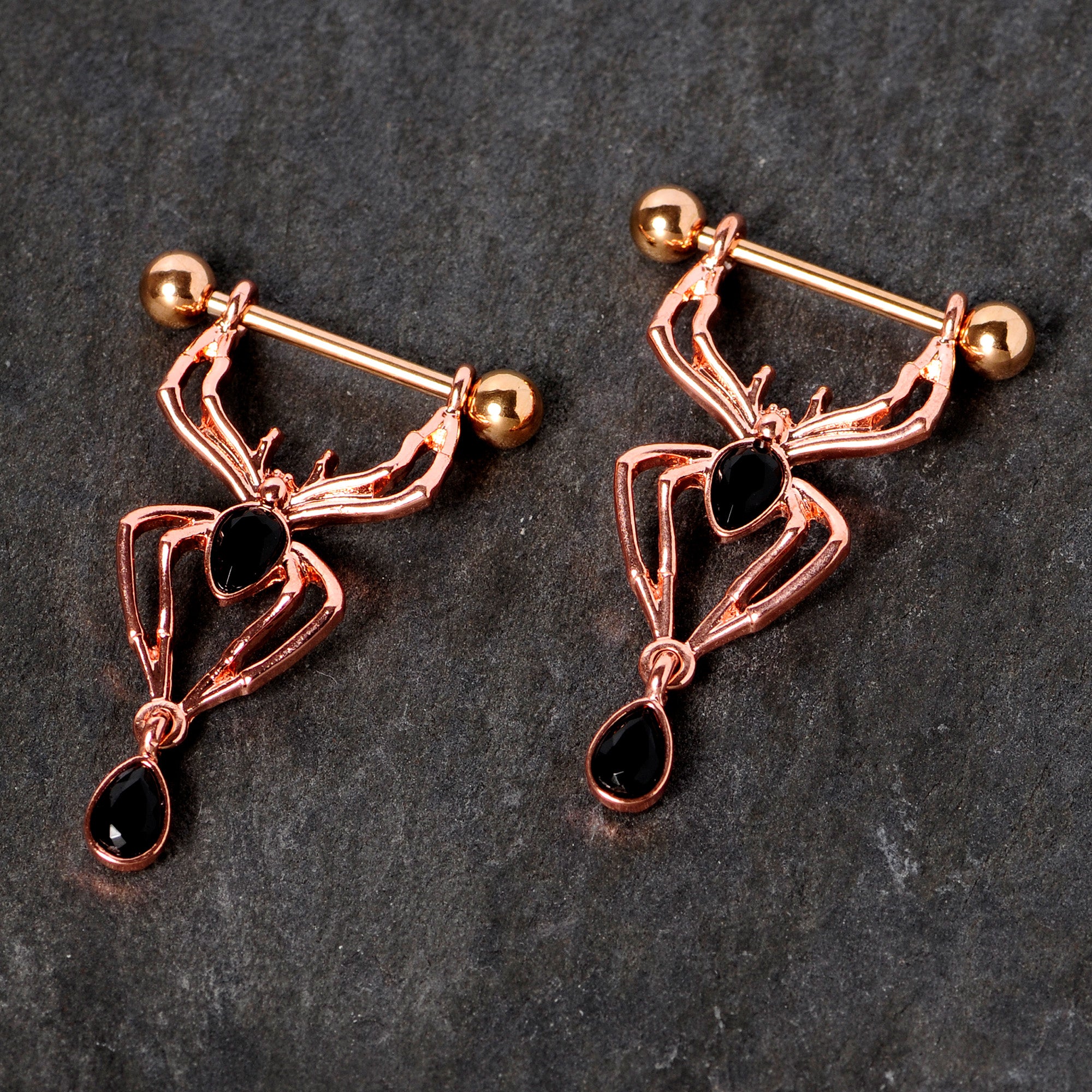 9/16 Rose Gold Tone Black Gem Spider Halloween Dangle Nipple Ring Set