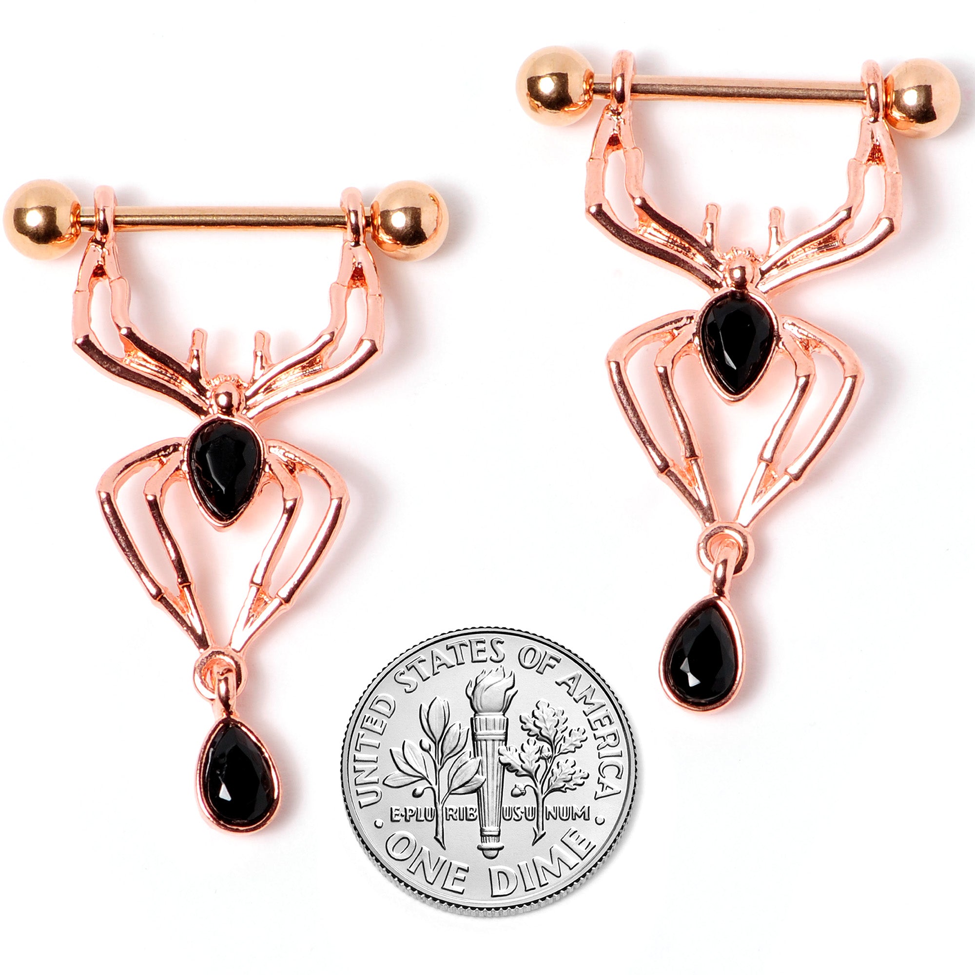 9/16 Rose Gold Tone Black Gem Spider Halloween Dangle Nipple Ring Set