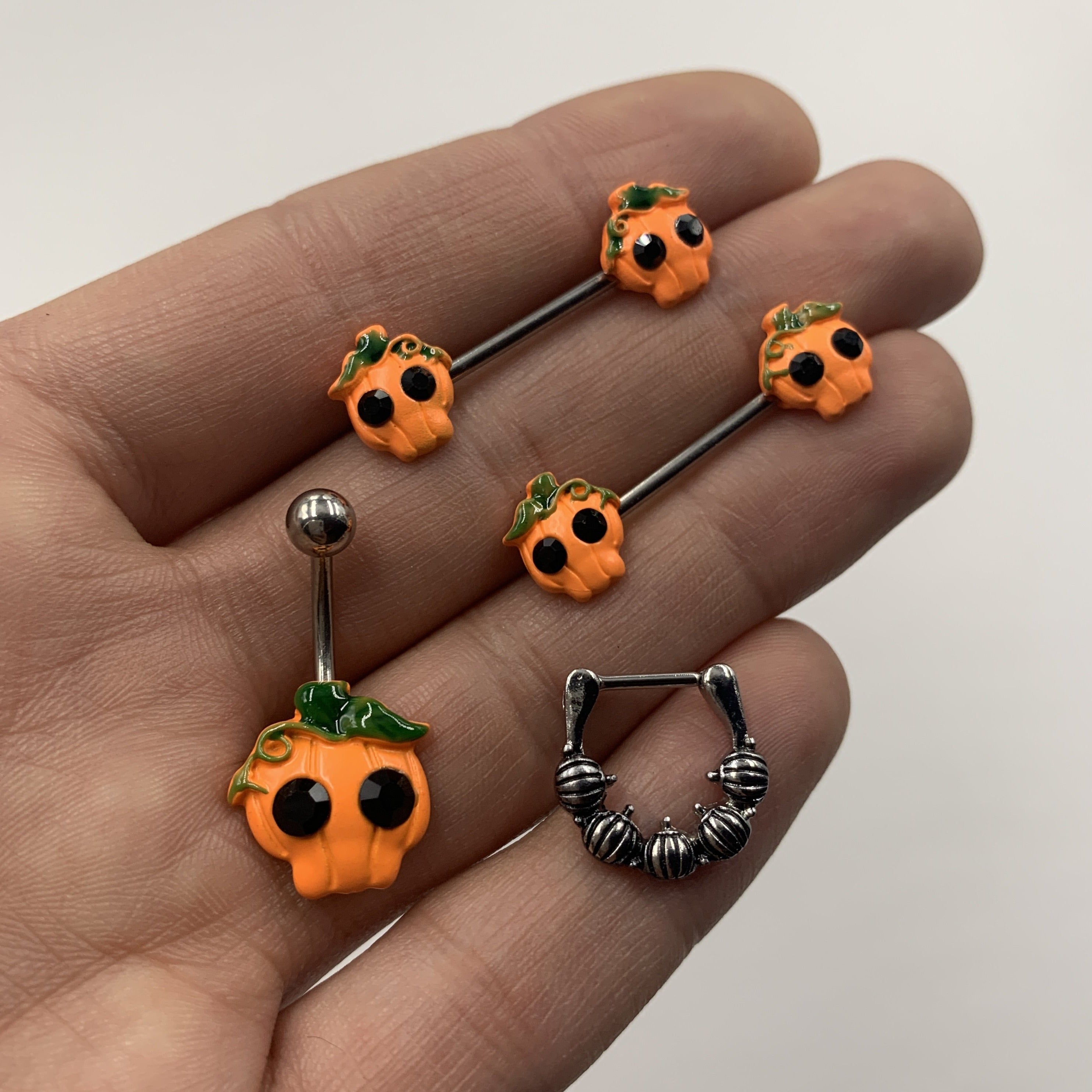 Black Gem Orange Pumpkin Jack O Lantern Halloween Belly Ring