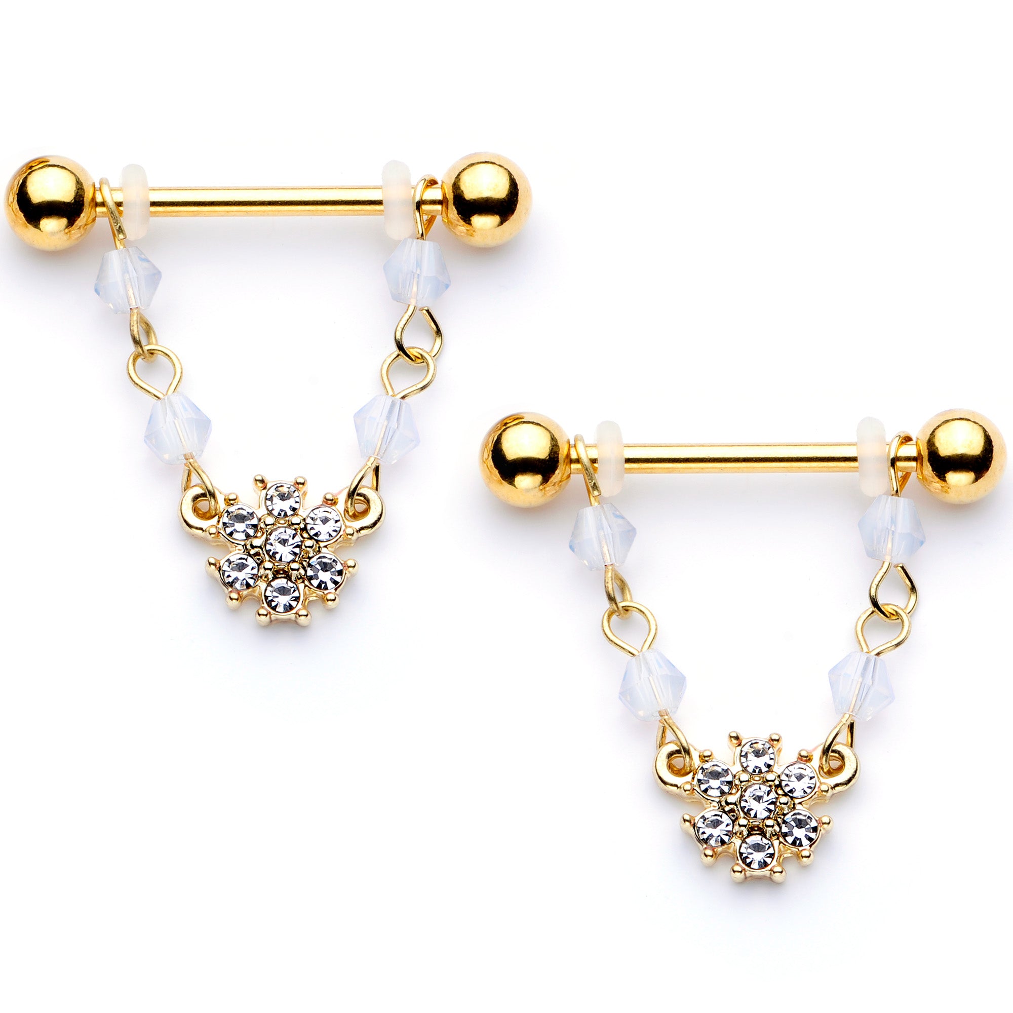 14G 5/8 Clear Gem Gold Tone Dainty Flower Dangle Nipple Ring Set