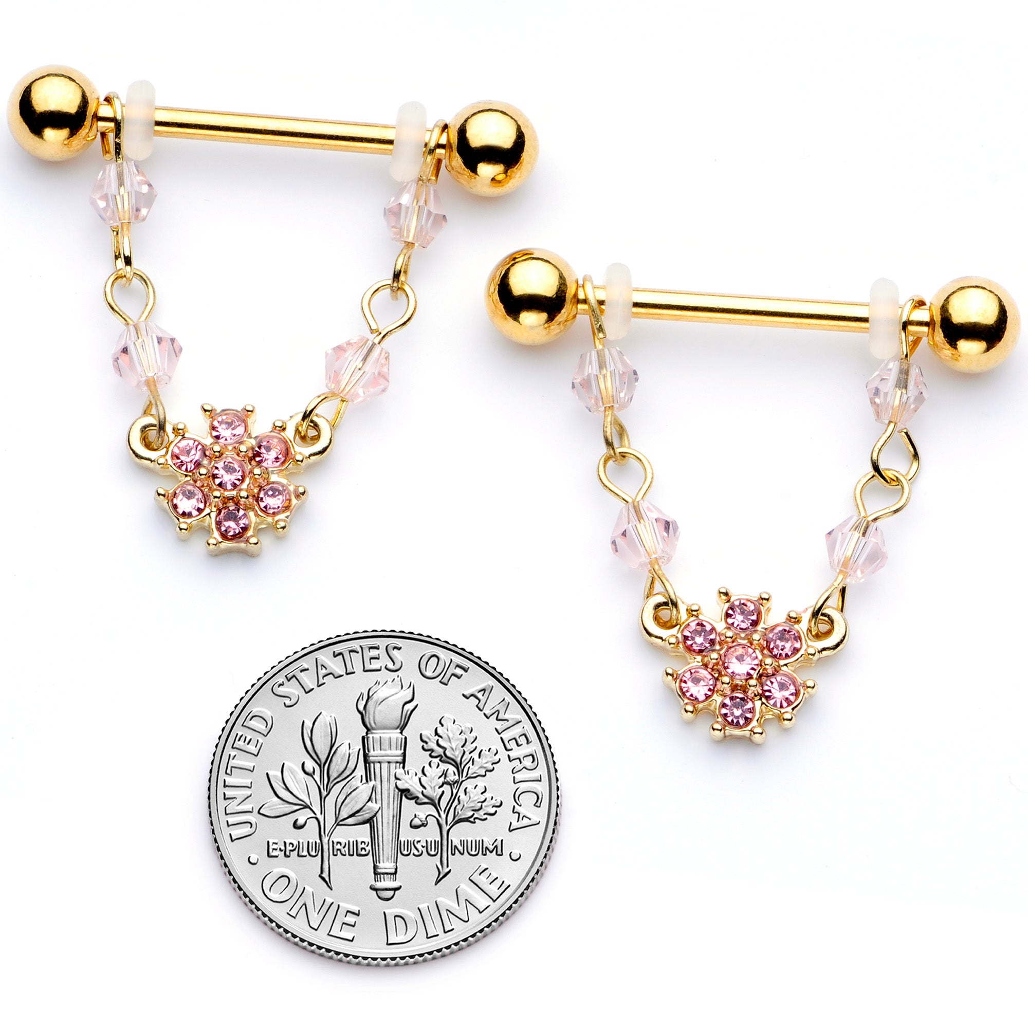 14G 5/8 Pink Gem Gold Tone Dainty Flower Dangle Nipple Ring Set