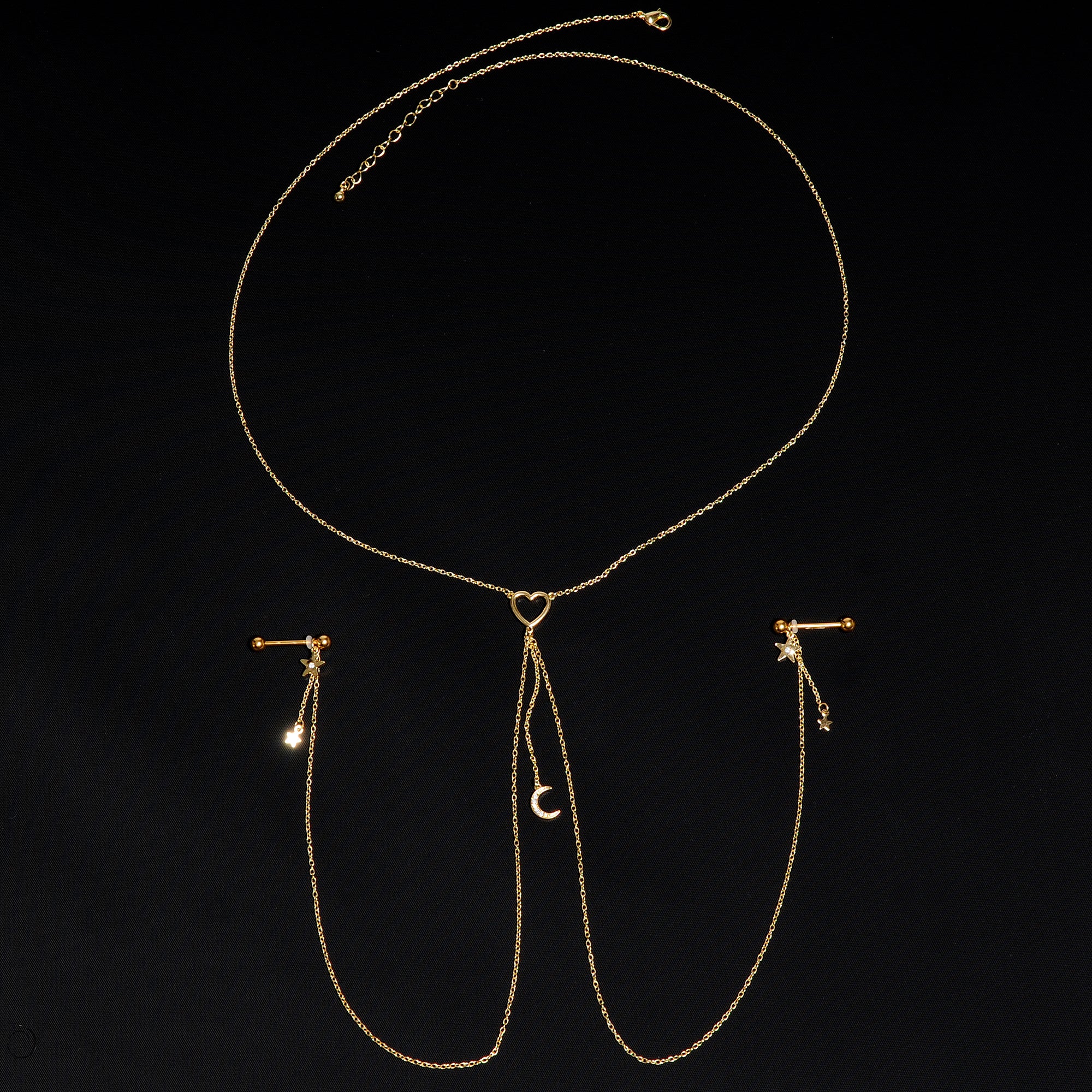 14G 5/8 Clear Gem Gold Tone Heart Star Nipple Chain Necklace