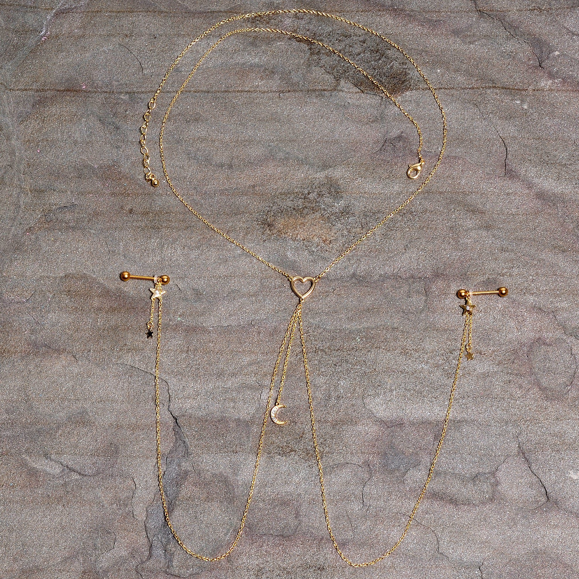 14G 5/8 Clear Gem Gold Tone Heart Star Nipple Chain Necklace