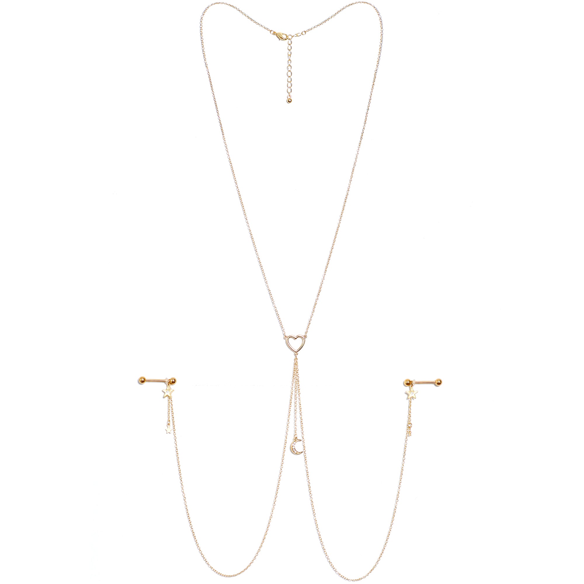 14G 5/8 Clear Gem Gold Tone Heart Star Nipple Chain Necklace