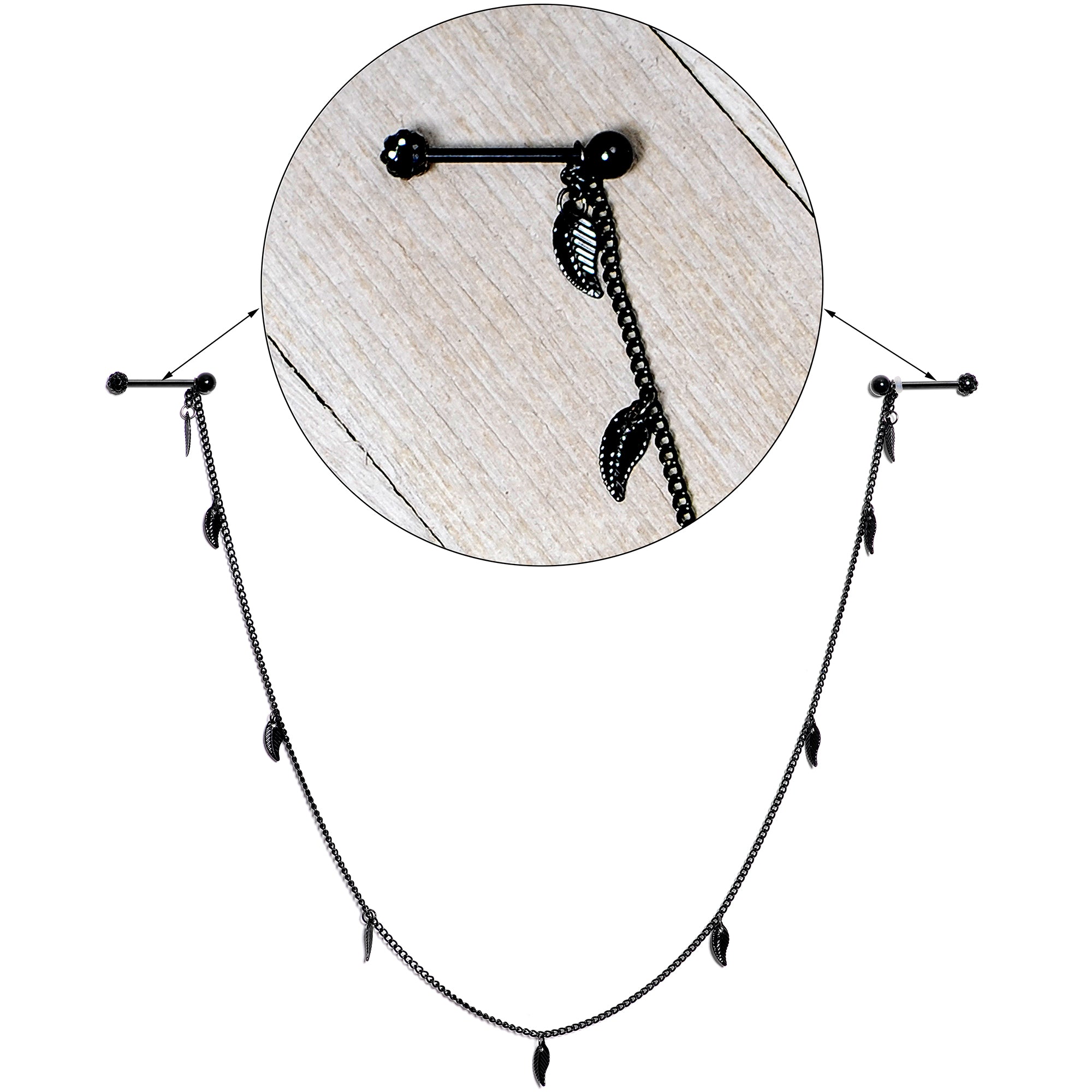 14G 5/8 Black Gem Black Autumn Leaves Dangle Nipple Chain