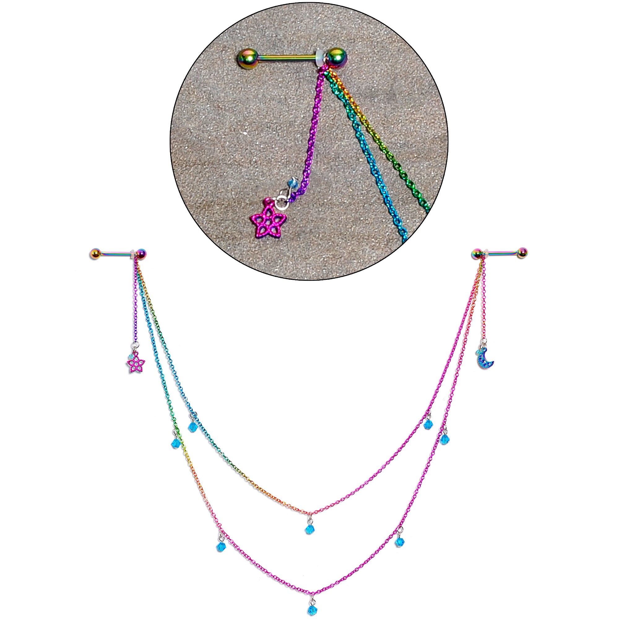 14G 5/8 Blue Gem Rainbow Moon Star Double Dangle Nipple Chain