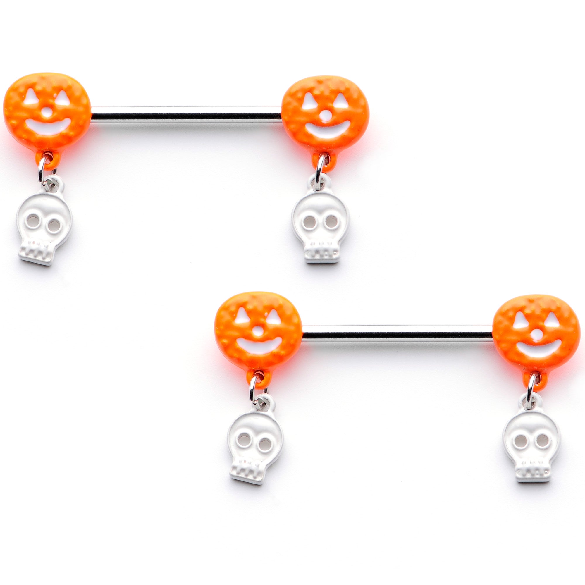 14 Gauge 5/8 Orange Pumpkin Skull Halloween Dangle Nipple Ring Set