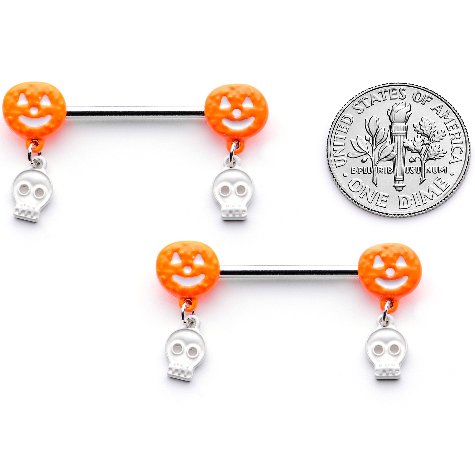 14 Gauge 5/8 Orange Pumpkin Skull Halloween Dangle Nipple Ring Set