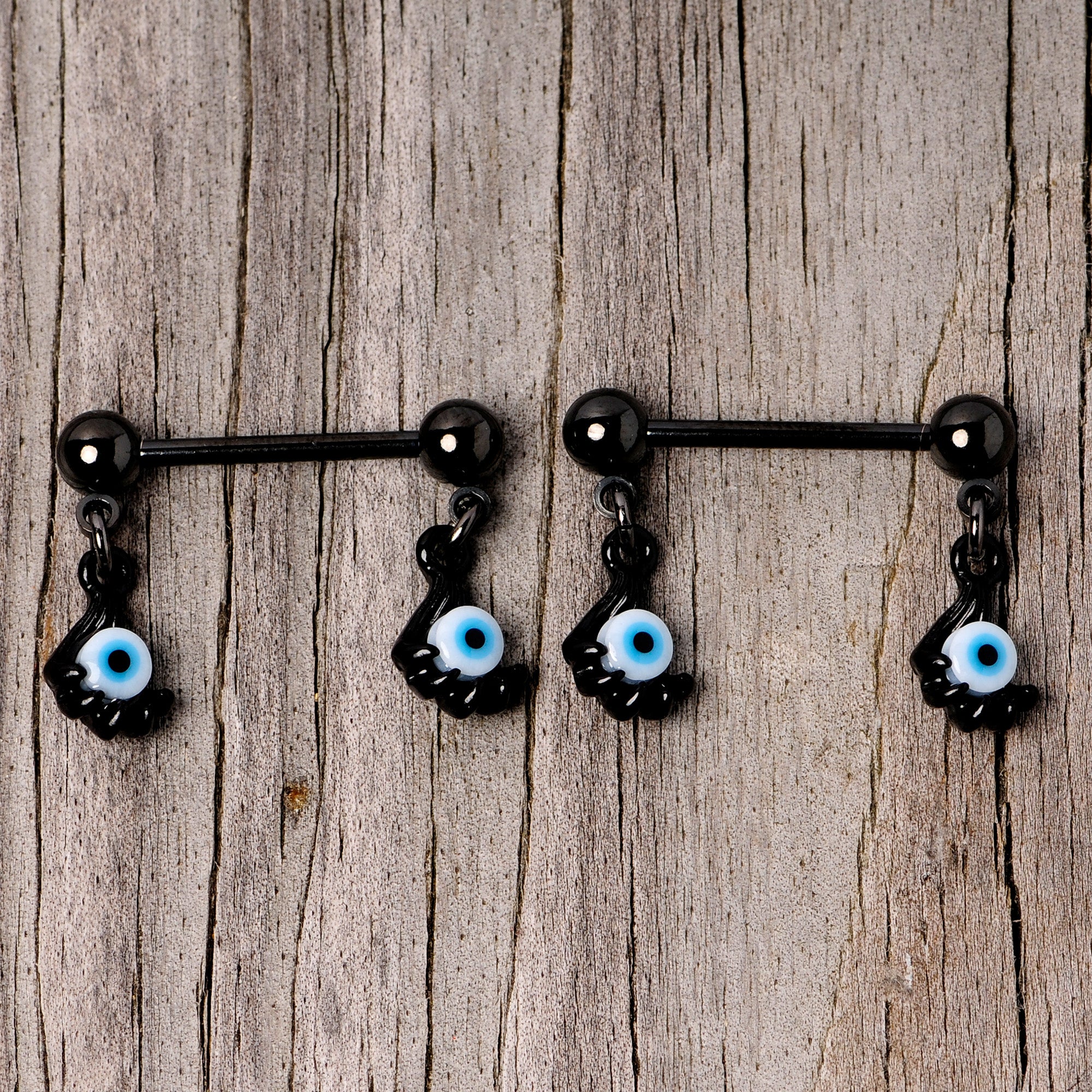 14G 5/8 Black Blue Eyeball Hand Halloween Dangle Nipple Ring Set