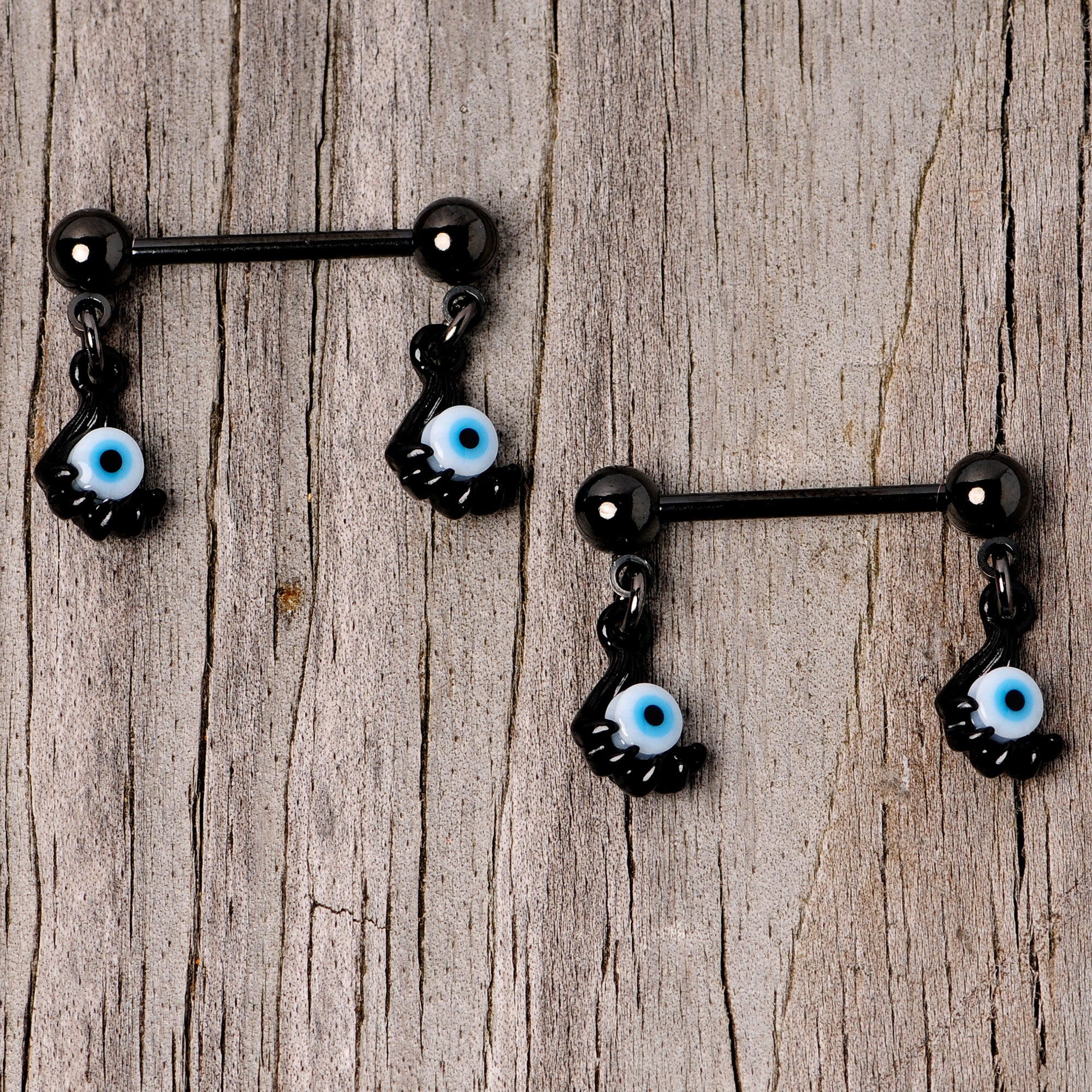 14 Gauge 5/8 Black Blue Eyeball Hand Halloween Dangle Nipple Ring Set