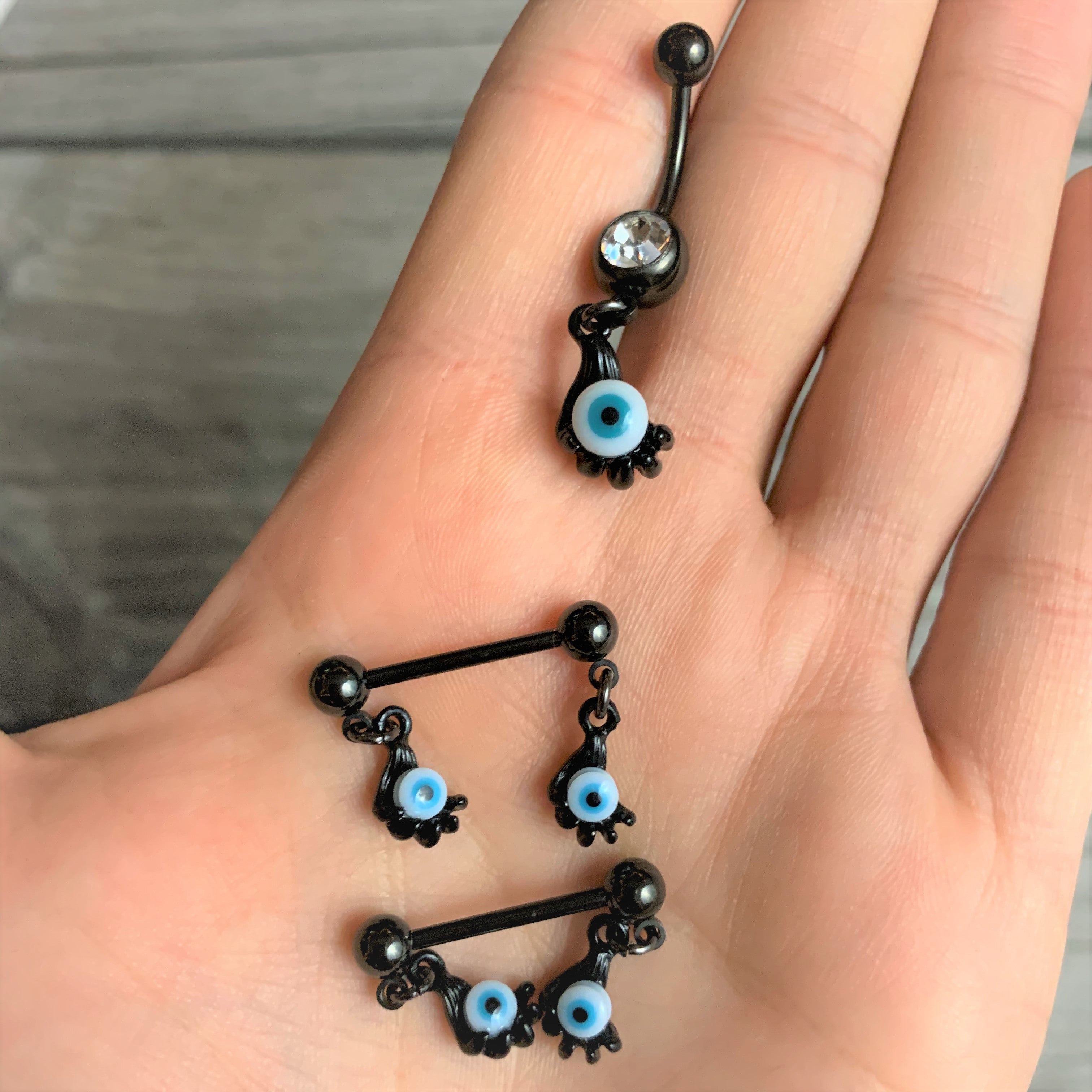 14G 5/8 Black Blue Eyeball Hand Halloween Dangle Nipple Ring Set