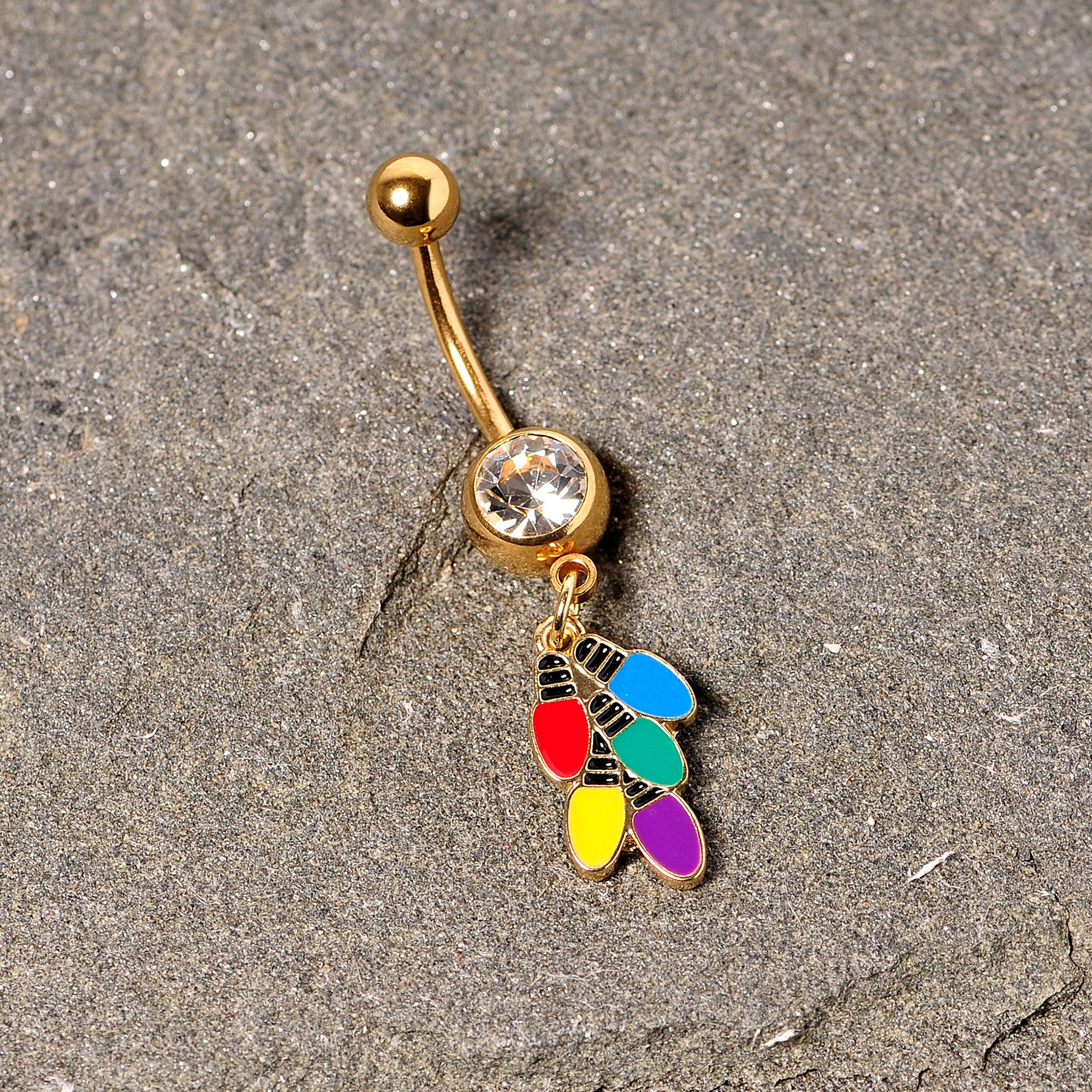 Clear Gem Gold Tone Christmas Lights Holiday Dangle Belly Ring