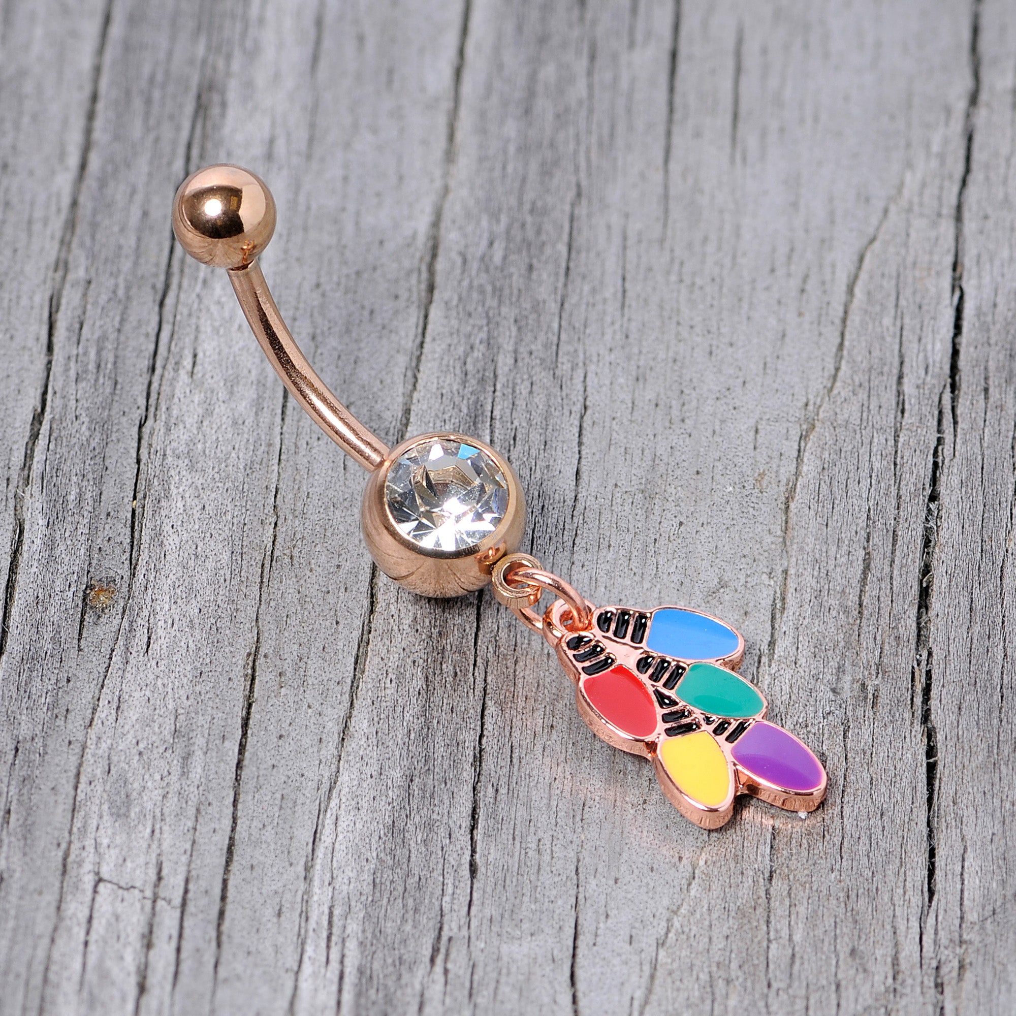 Clear Gem Rose Gold Tone Christmas Lights Holiday Dangle Belly Ring