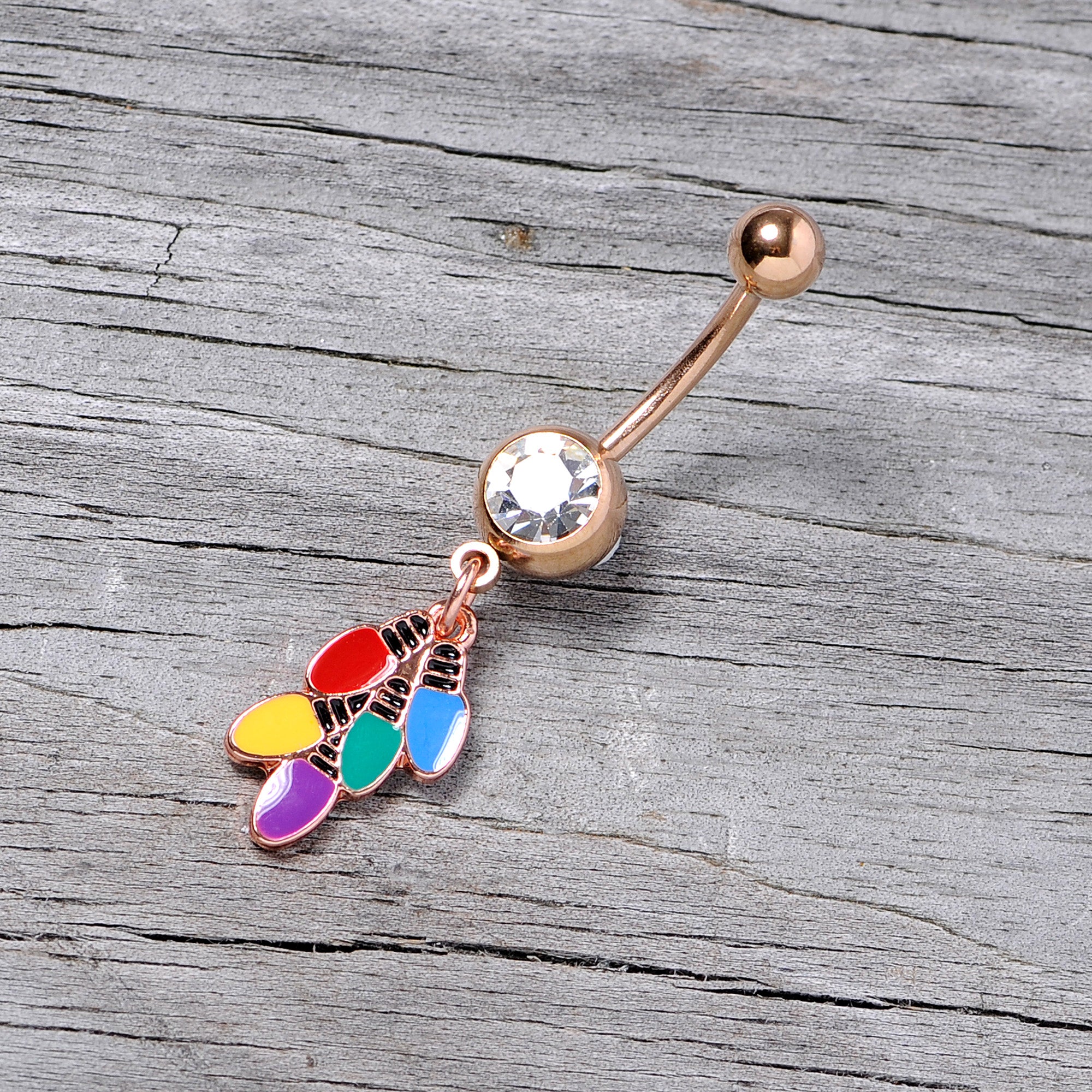 Clear Gem Rose Gold Tone Christmas Lights Holiday Dangle Belly Ring
