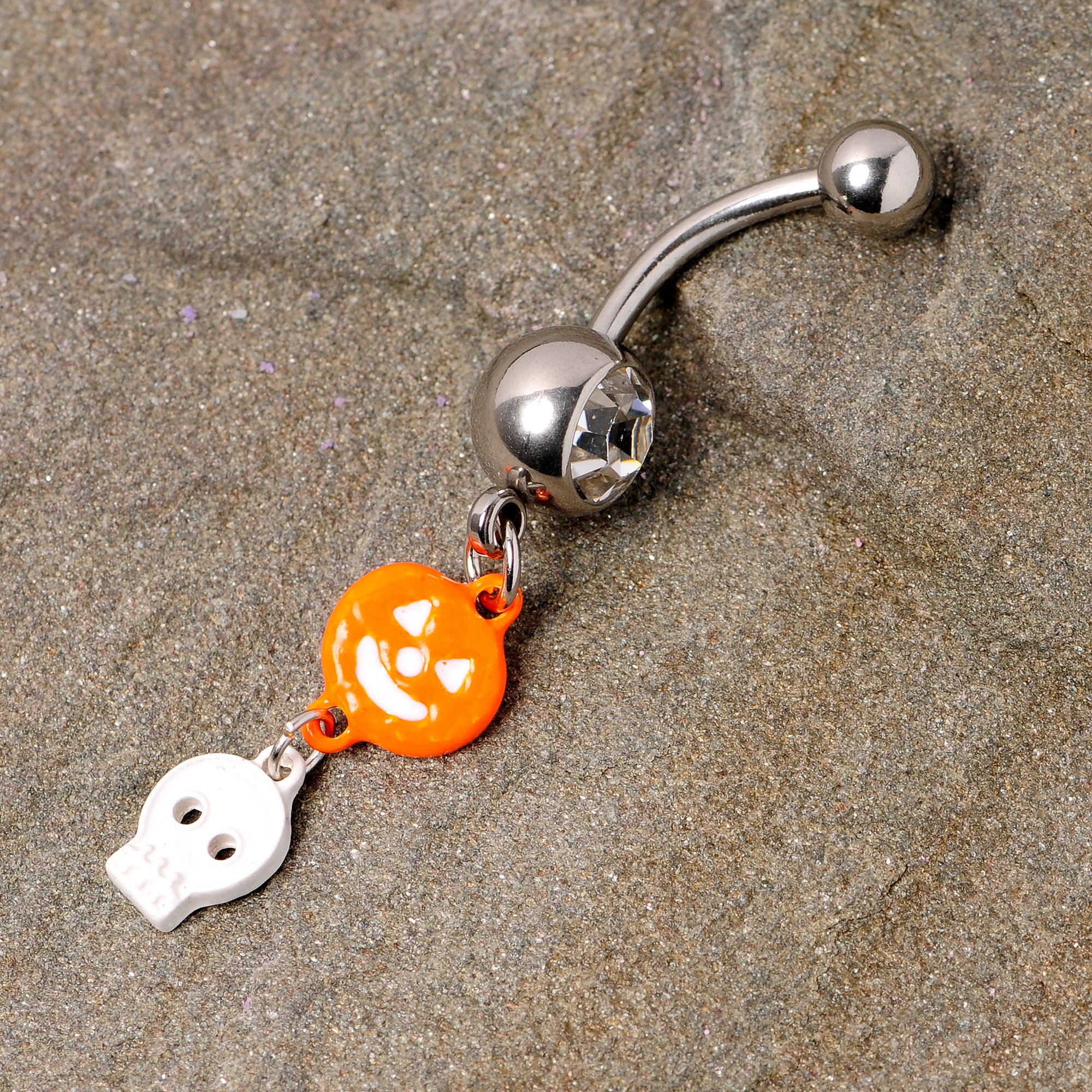 Clear Gem Orange Pumpkin Skull Halloween Dangle Belly Ring