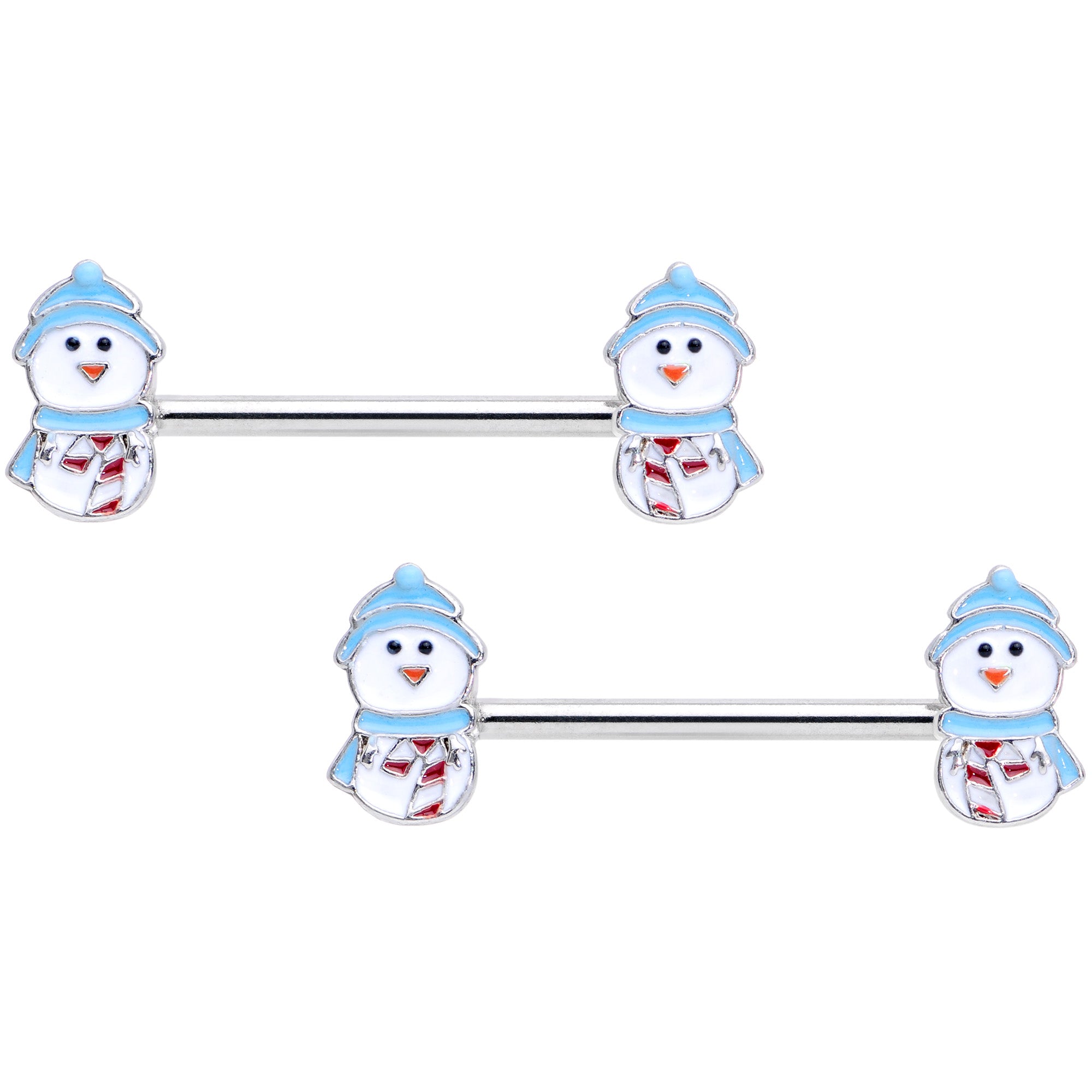 14G 5/8 Snowman Winter Holiday Christmas Barbell Nipple Ring Set