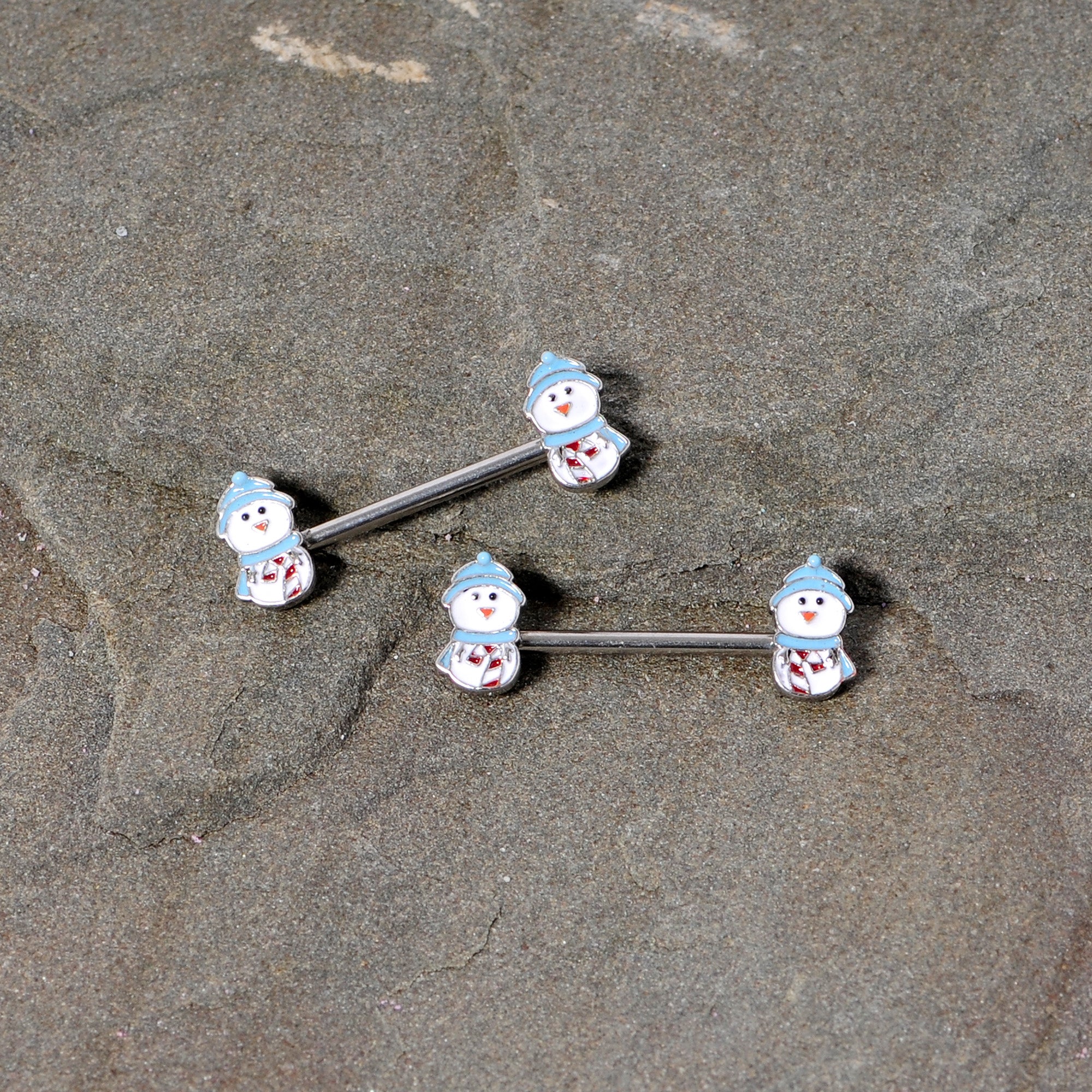 14G 5/8 Snowman Winter Holiday Christmas Barbell Nipple Ring Set