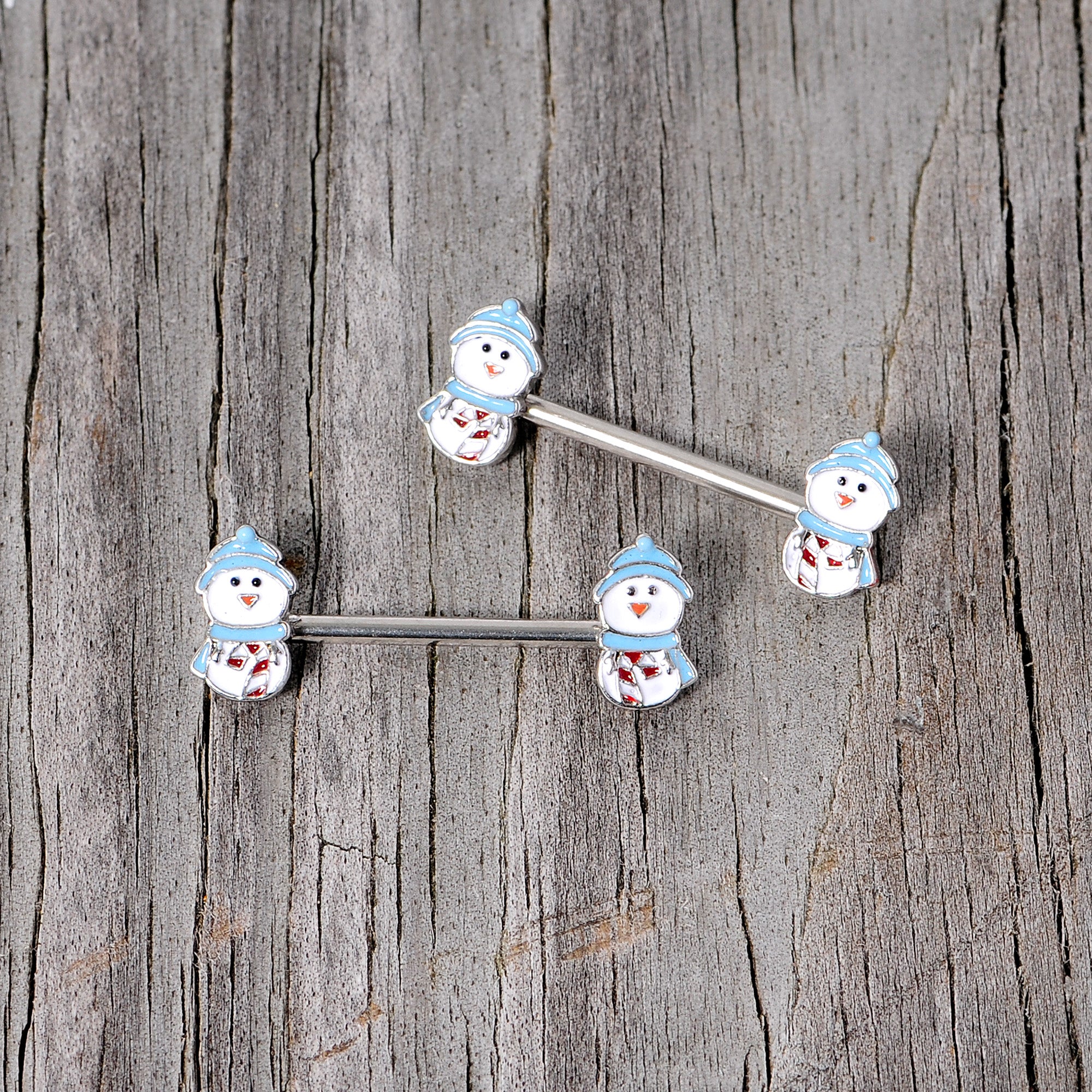 14G 5/8 Snowman Winter Holiday Christmas Barbell Nipple Ring Set