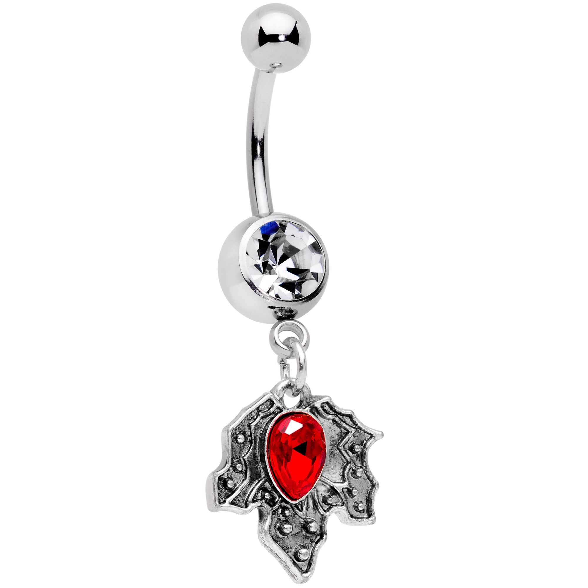 Clear Red Gem Holiday Holly Leaf Christmas Dangle Belly Ring